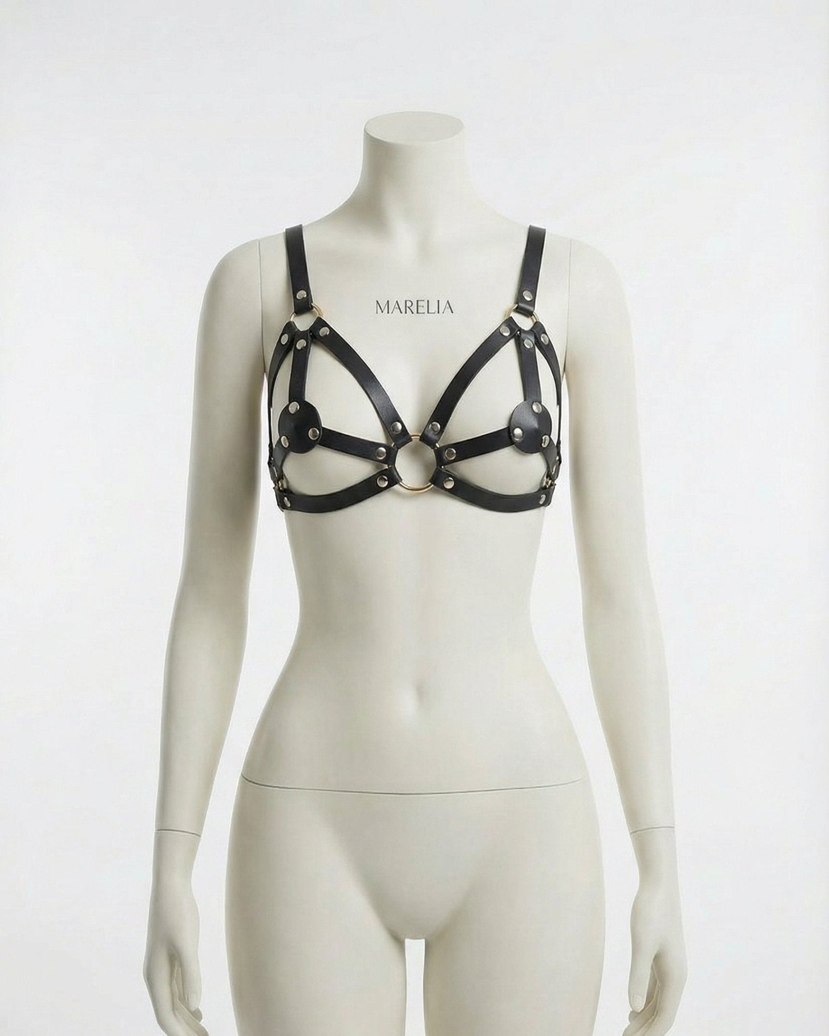 Black Leather Open Cup Harness Bra - MARELIA