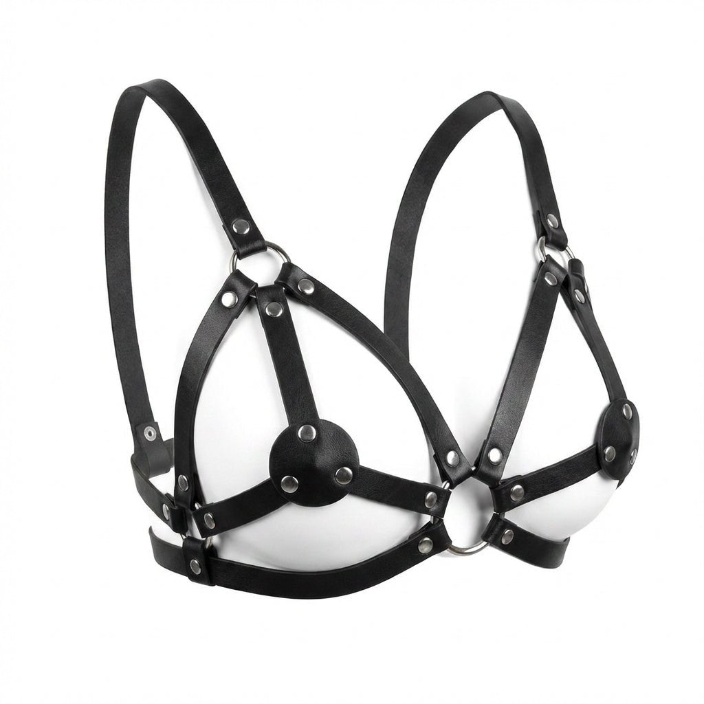 Black Leather Open Cup Harness Bra - MARELIA