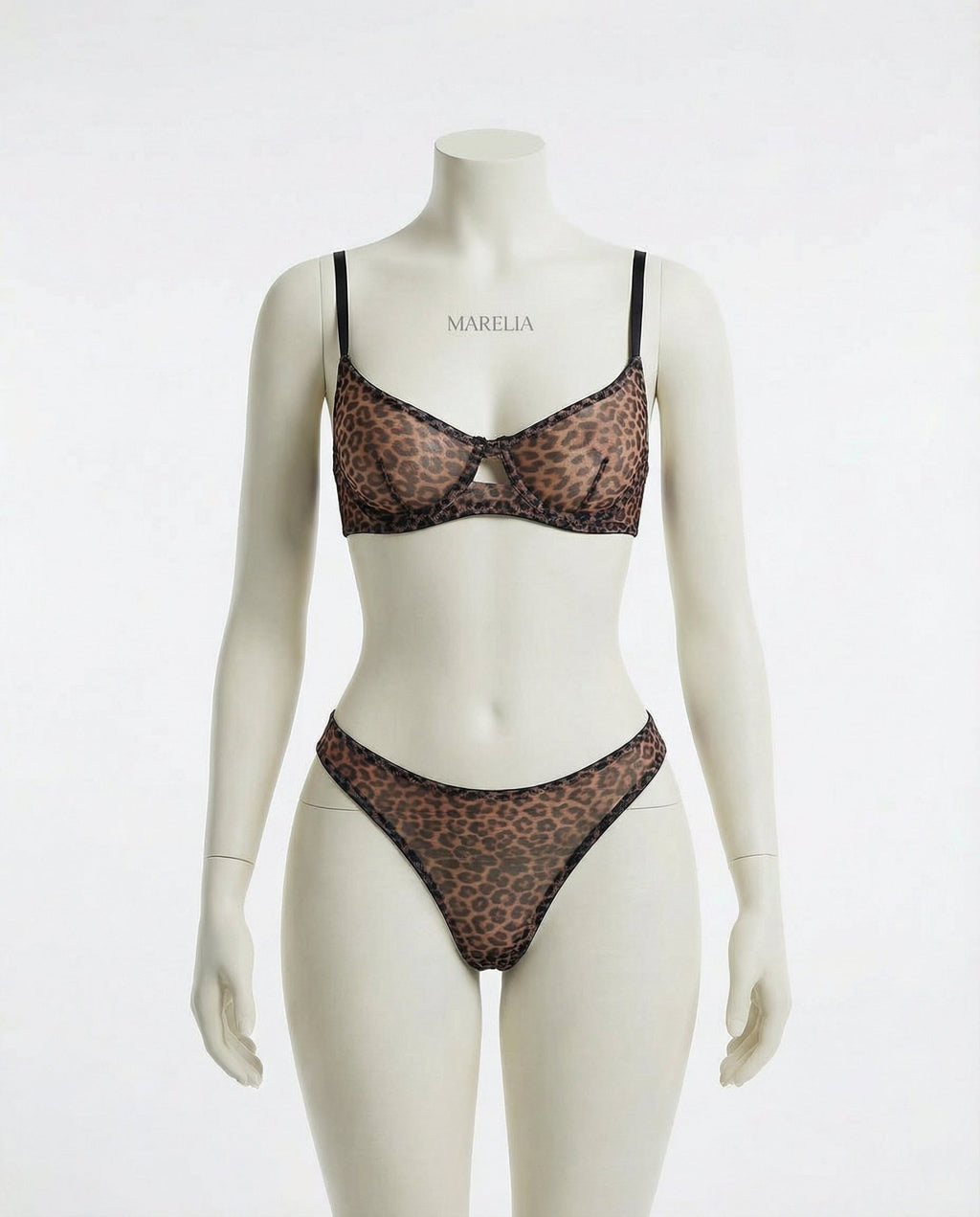 Leopard Print Mesh Bra And Thong Set - Marelia