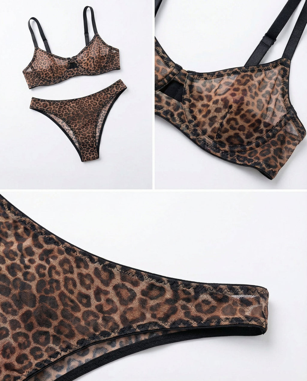 Leopard Print Mesh Bra And Thong Set - Marelia