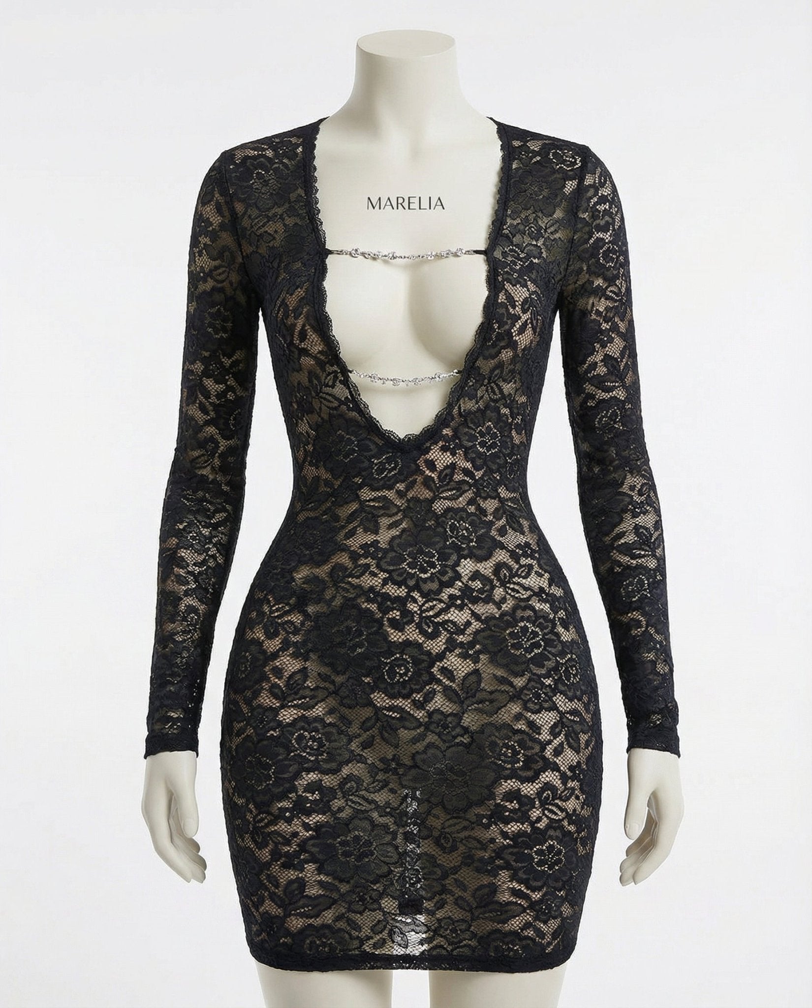 Black Long Sleeve Lace Mini Dress With Cutout - Marelia
