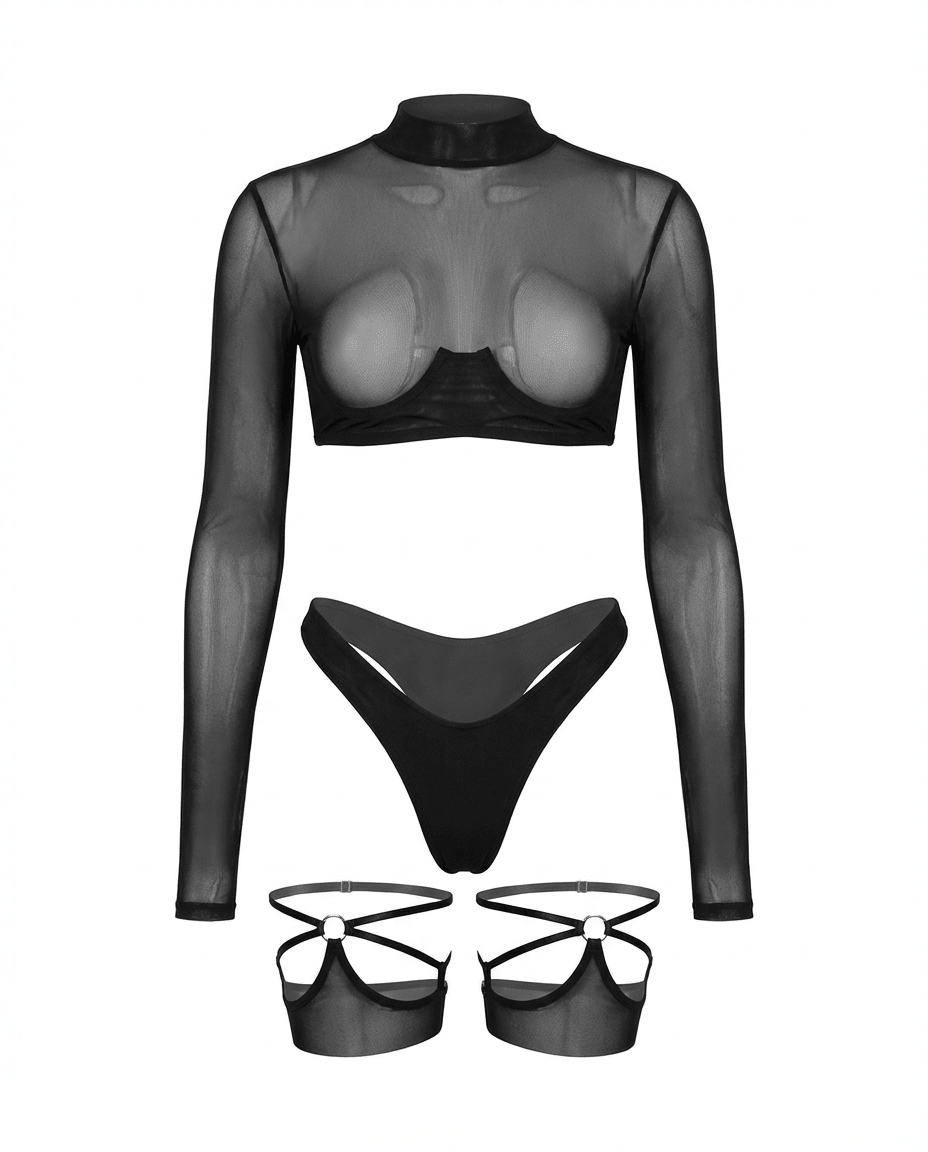 Black Long Sleeve Mesh Set With Brief And Stockings - Marelia