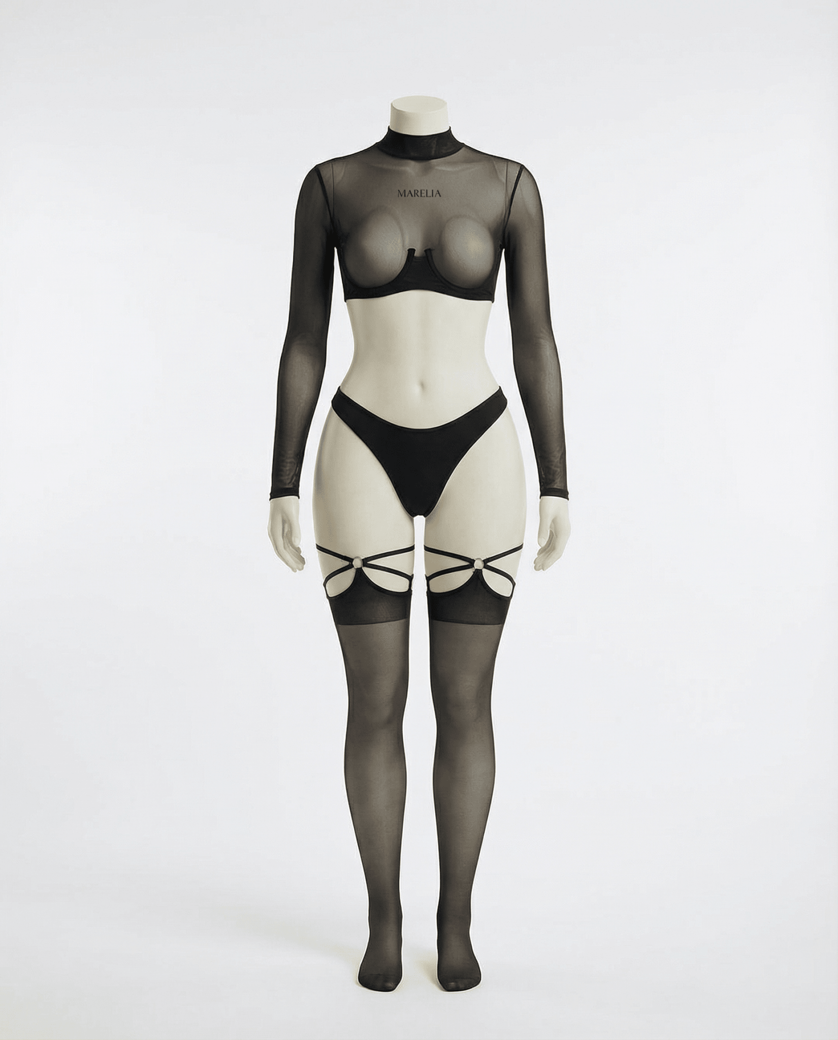 Black Long Sleeve Mesh Set With Brief And Stockings - Marelia