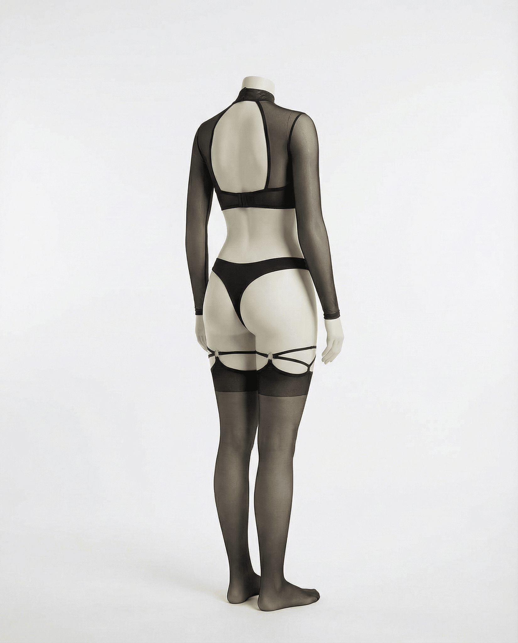 Black Long Sleeve Mesh Set With Brief And Stockings - Marelia