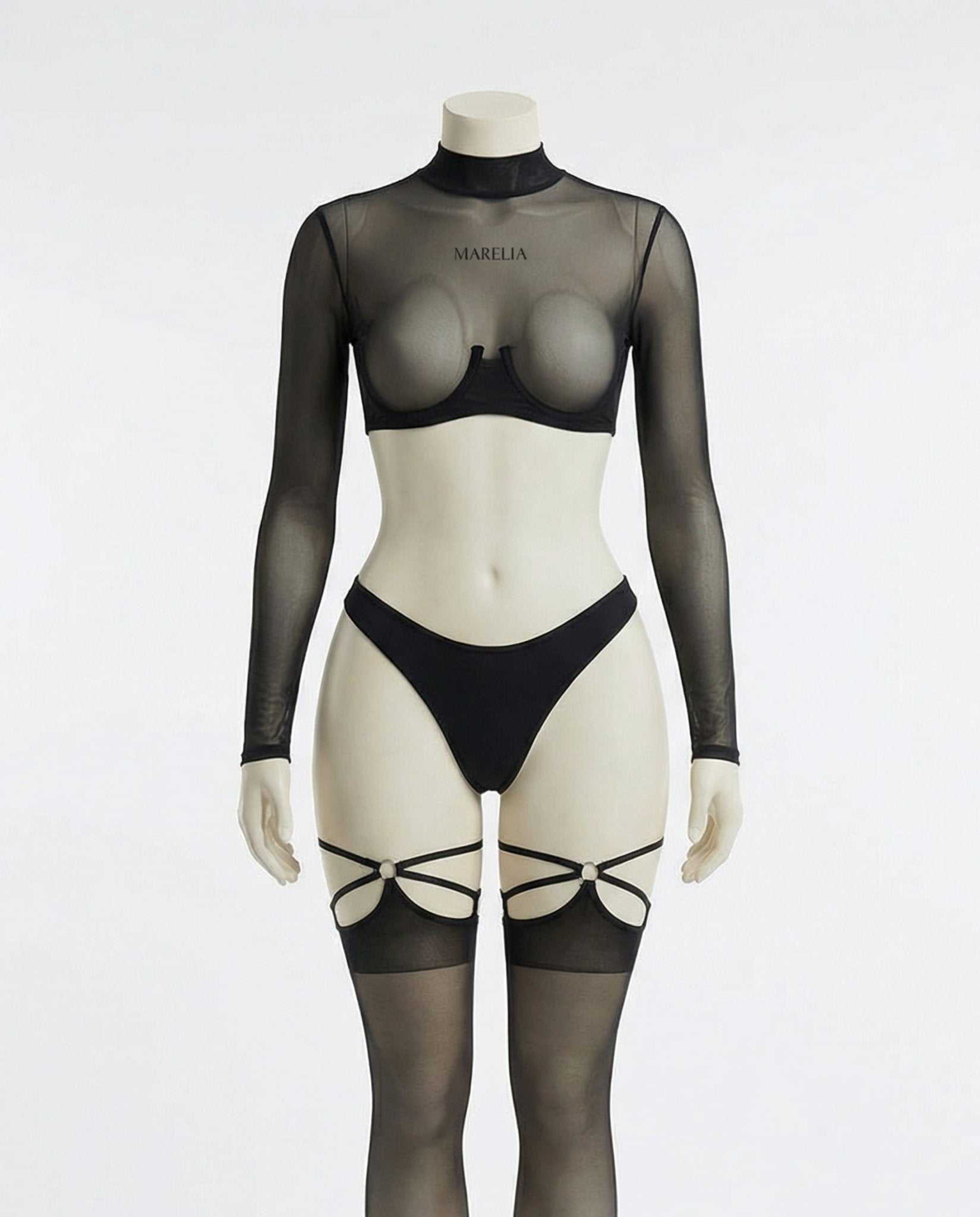 Black Long Sleeve Mesh Set With Brief And Stockings - Marelia