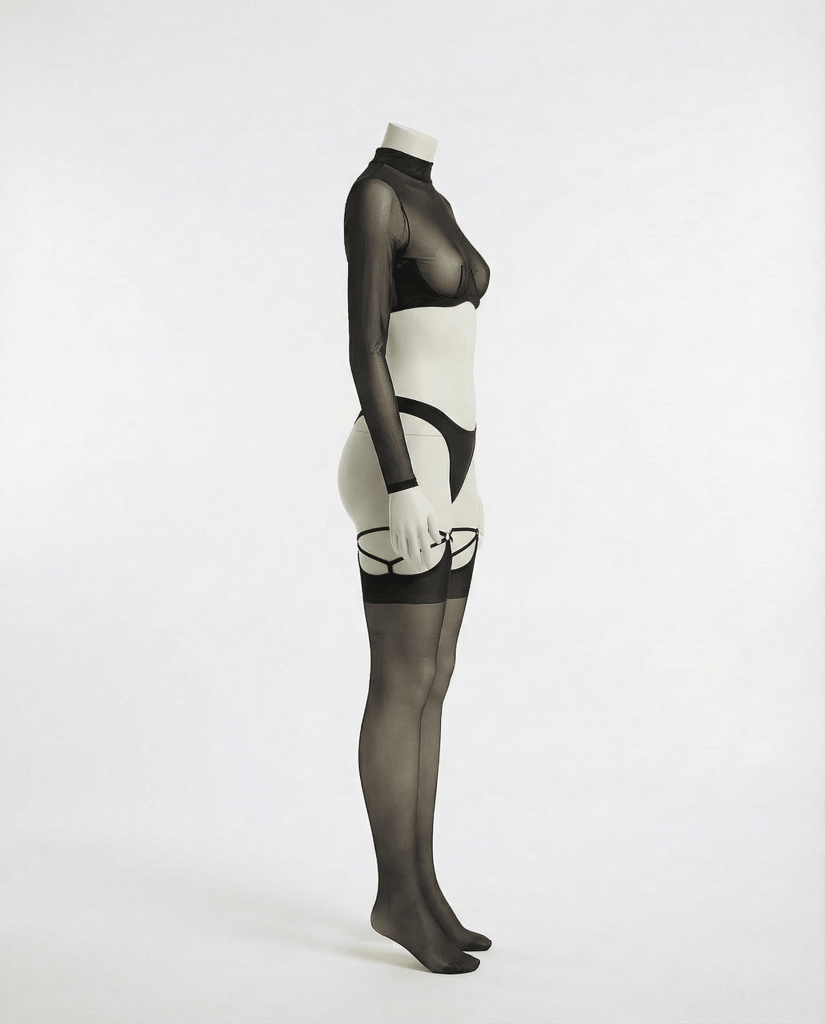 Black Long Sleeve Mesh Set With Brief And Stockings - Marelia