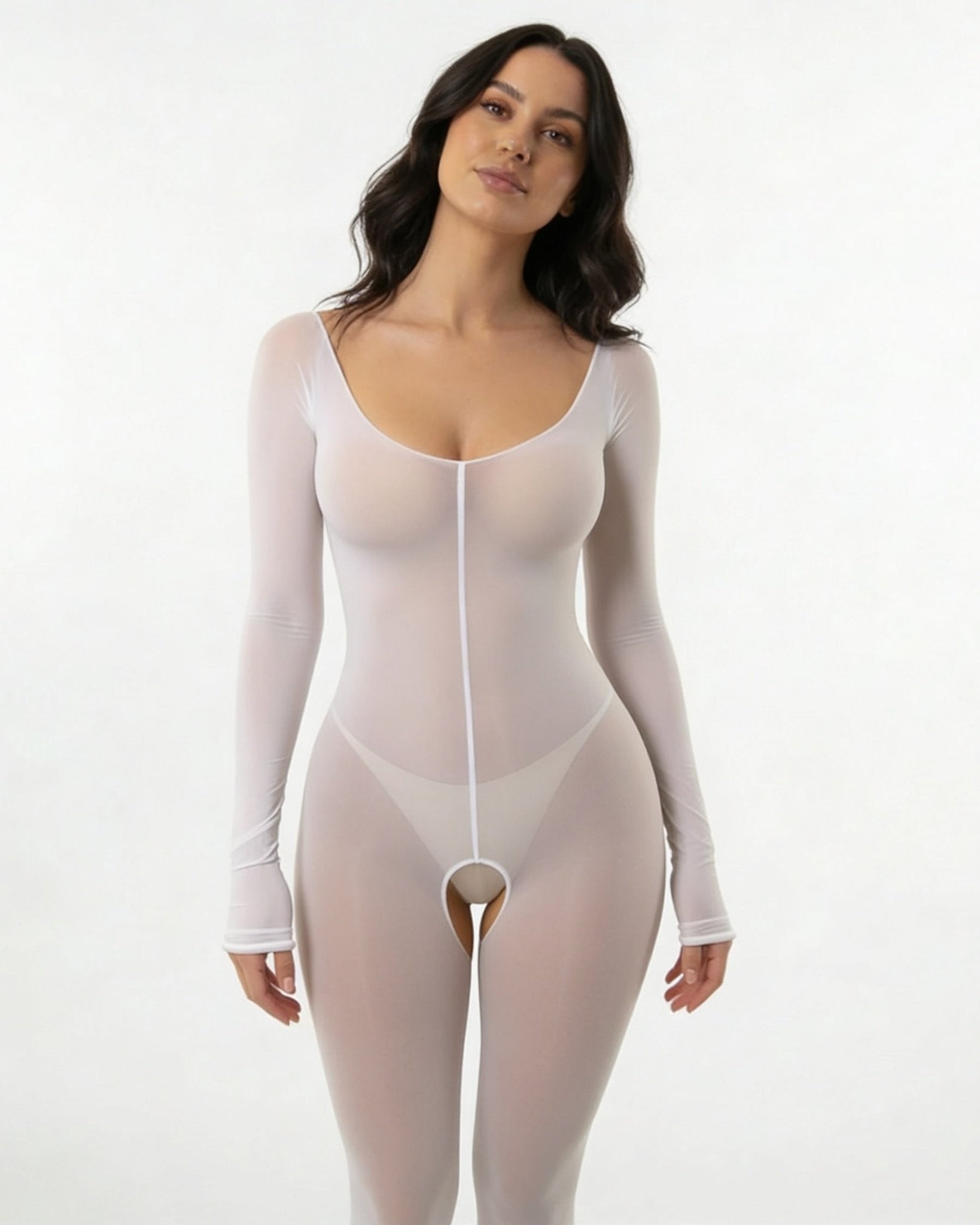 White Long Sleeve Sheer Bodystocking - MARELIA