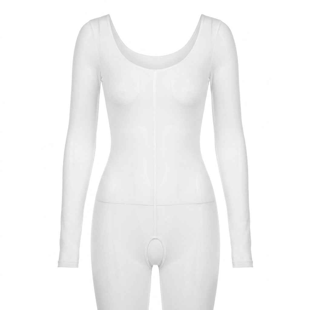 White Long Sleeve Sheer Bodystocking - MARELIA