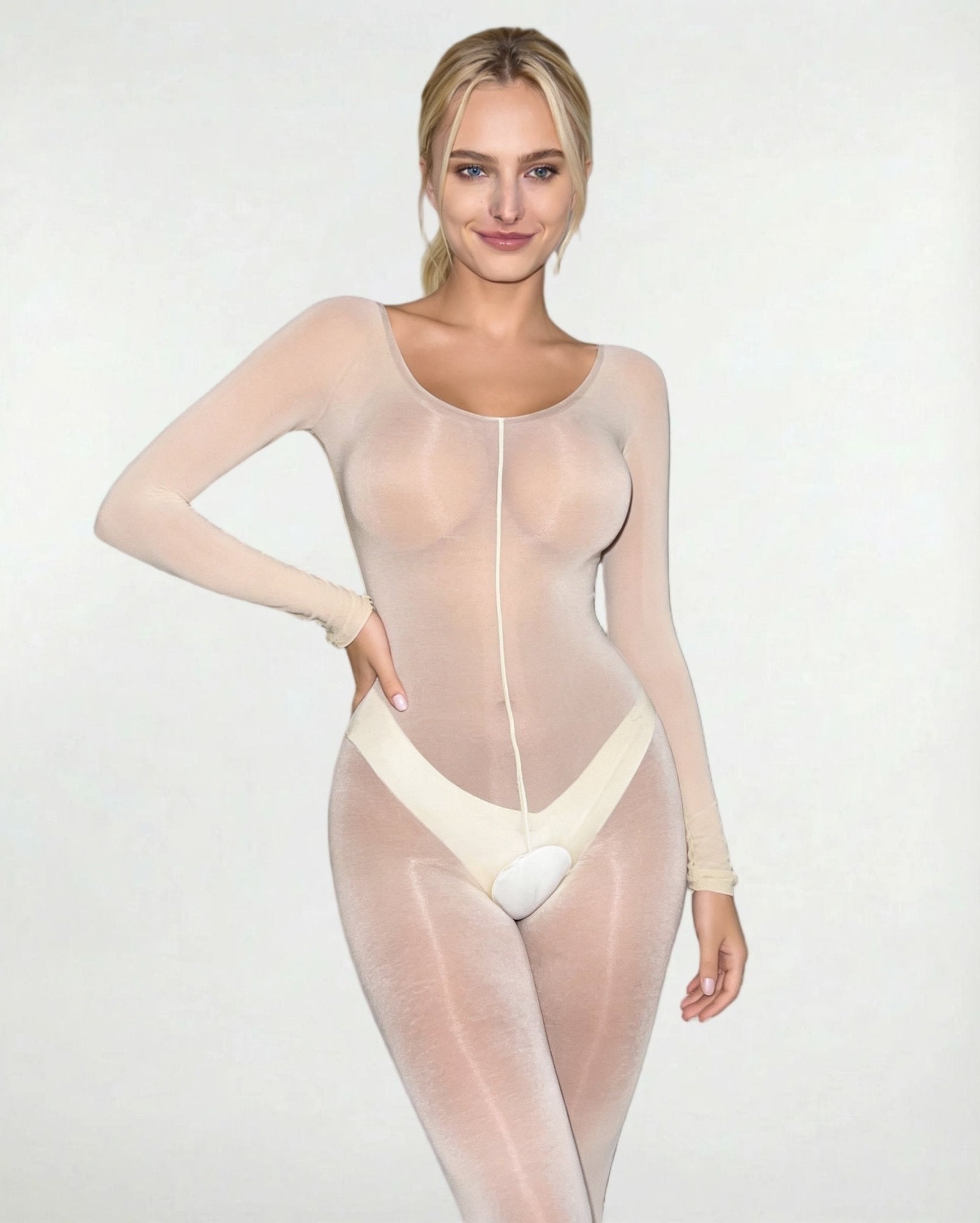 White Long Sleeve Sheer Bodystocking - MARELIA