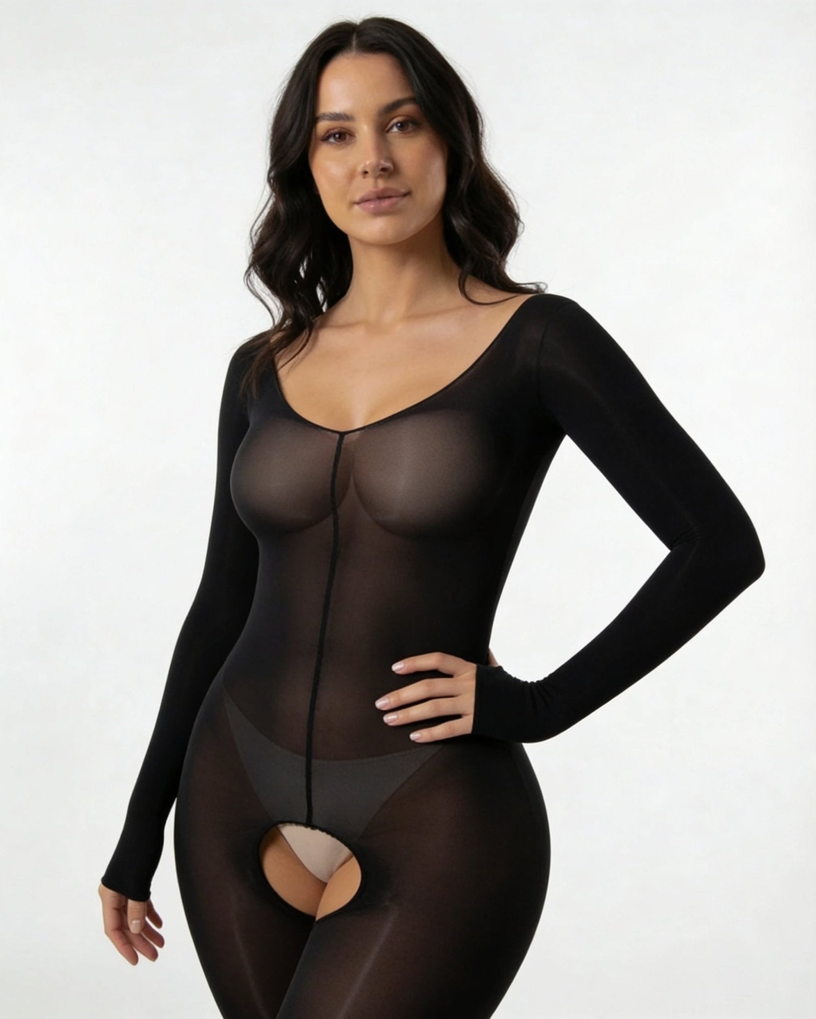 Black Long Sleeve Sheer Bodystocking - MARELIA