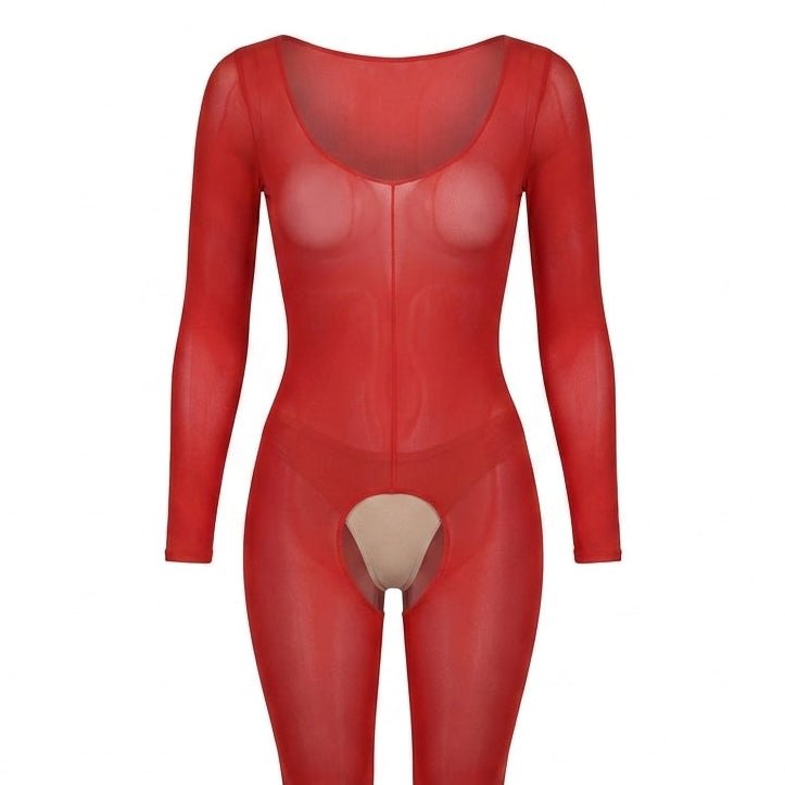 Red Long Sleeve Sheer Bodystocking - MARELIA