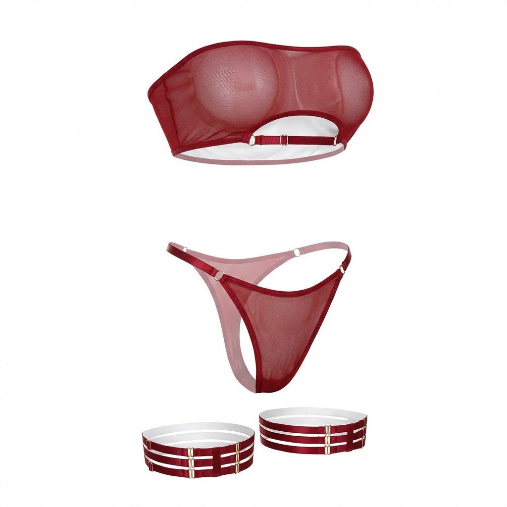 burgundy mesh bandeau lingerie set ghost mannequin