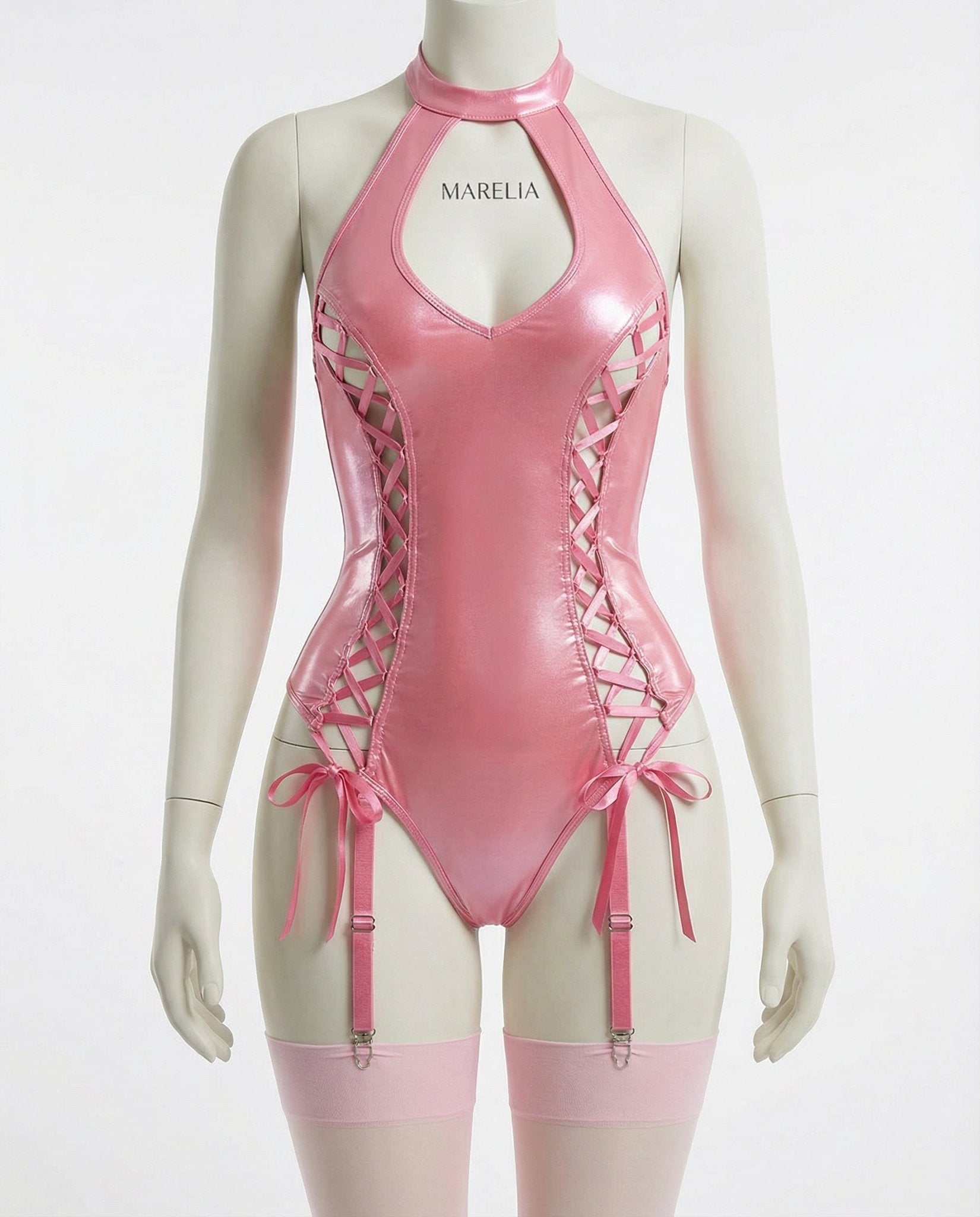 Pink Metallic Halter Bodysuit With Lace-Up Sides - Marelia