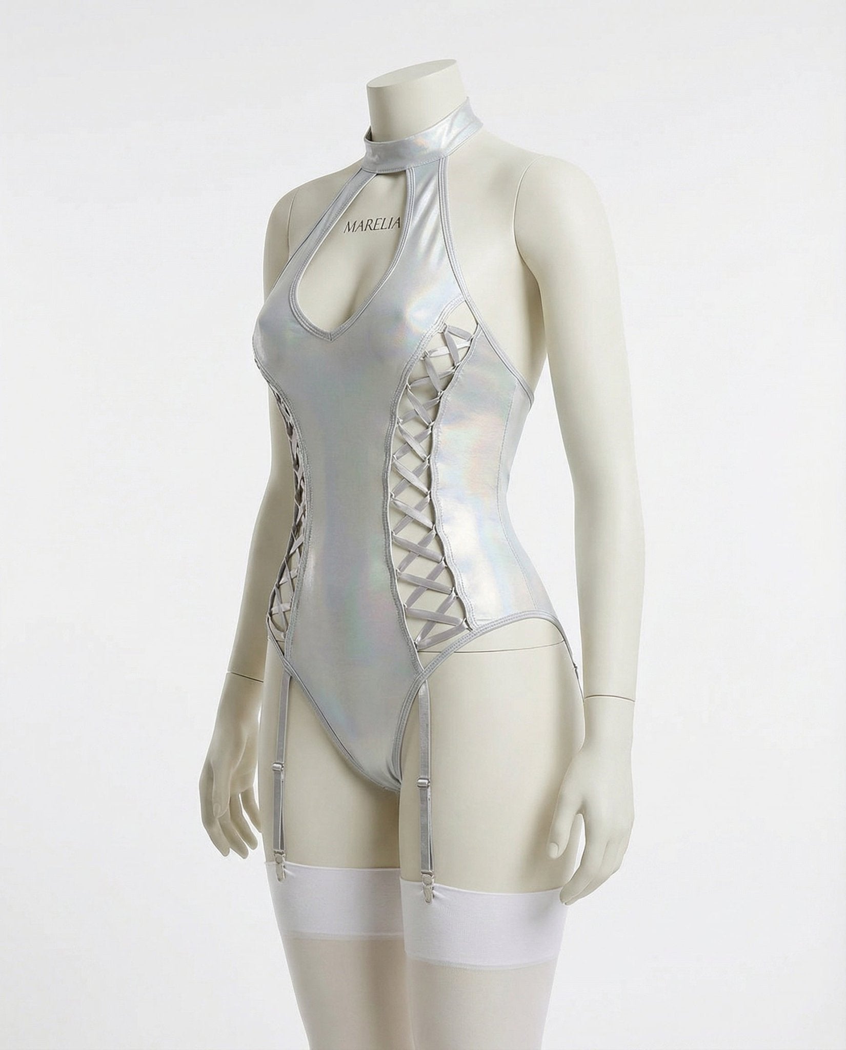 White Metallic Halter Bodysuit With Lace-Up Sides - Marelia