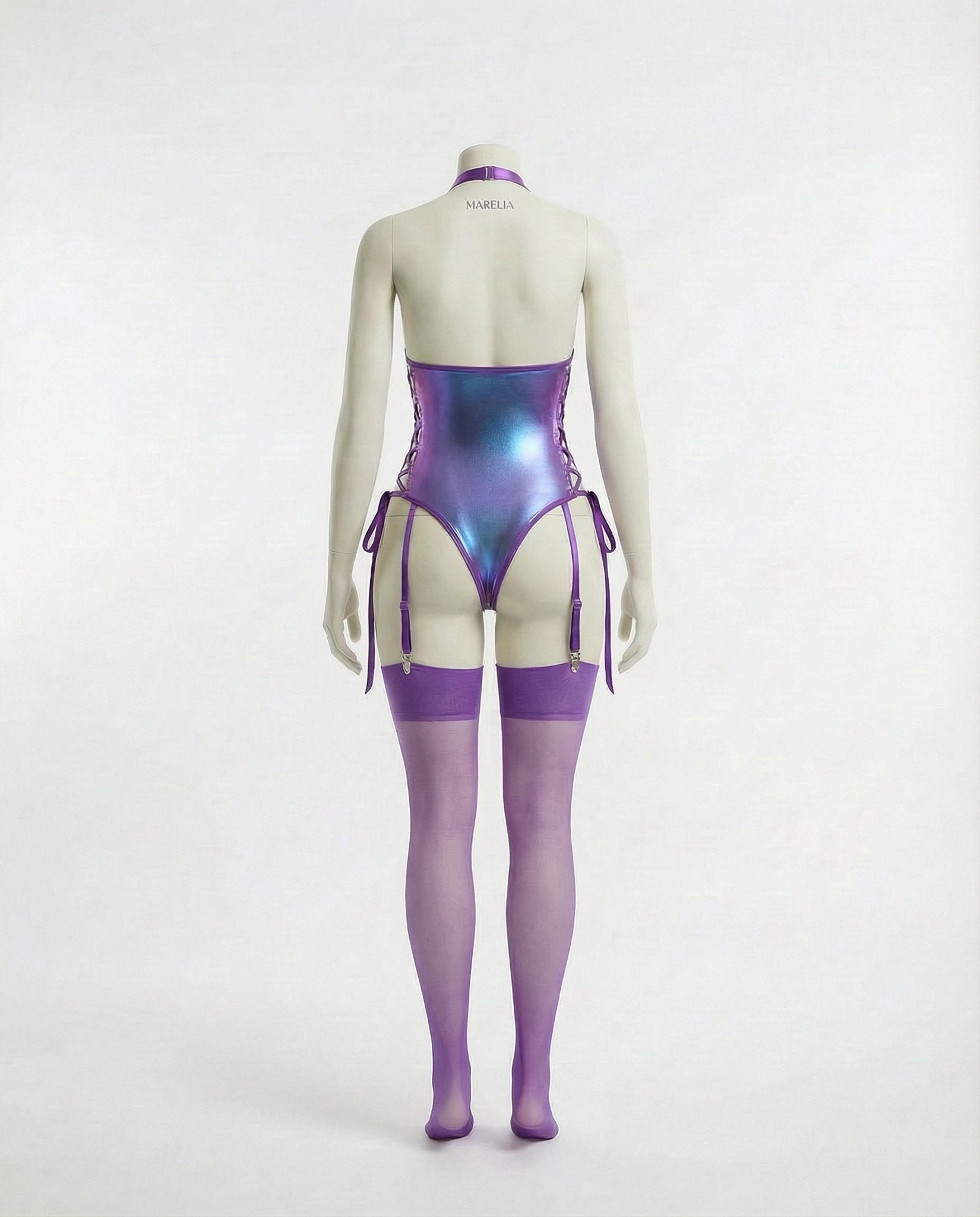 Purple Metallic Halter Bodysuit With Lace-Up Sides - Marelia
