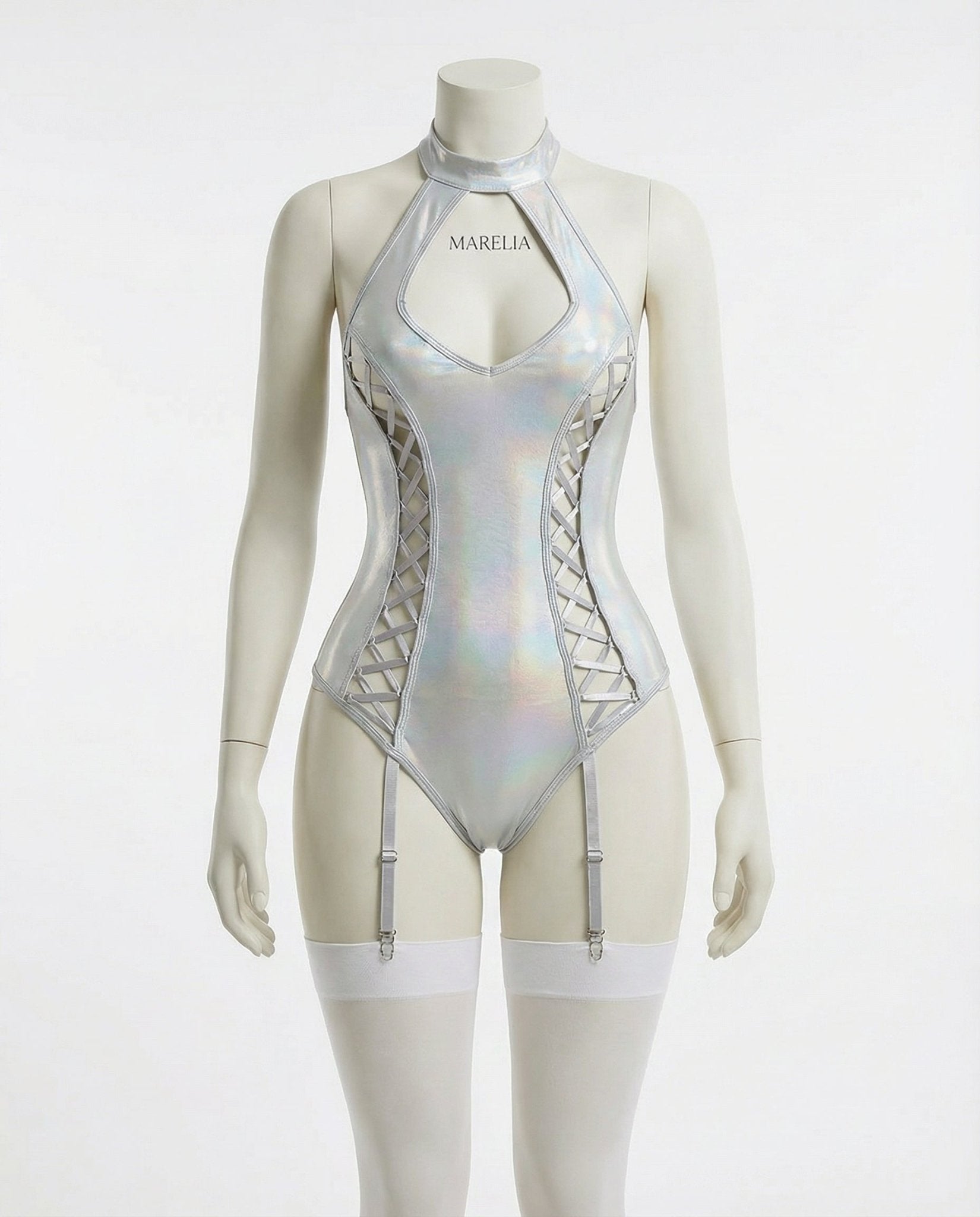 White Metallic Halter Bodysuit With Lace-Up Sides - Marelia