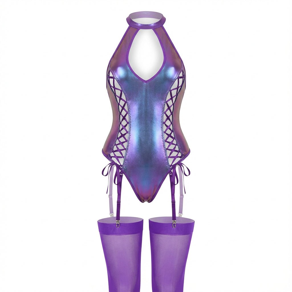 Purple Metallic Halter Bodysuit With Lace-Up Sides - Marelia