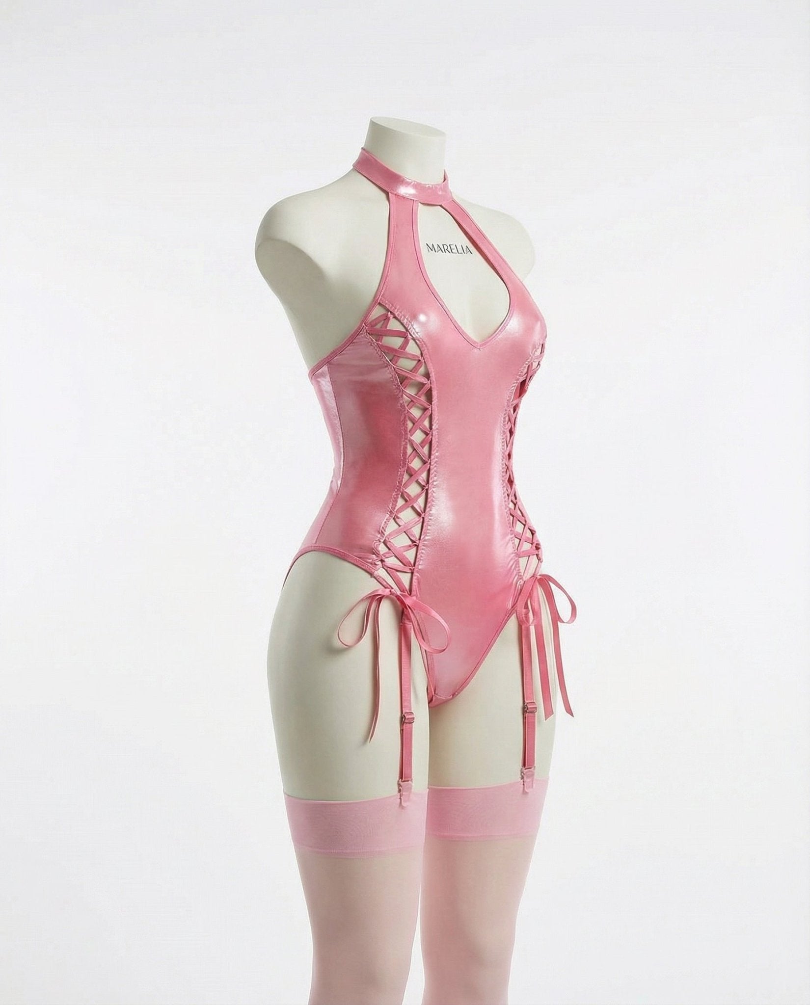 Pink Metallic Halter Bodysuit With Lace-Up Sides - Marelia