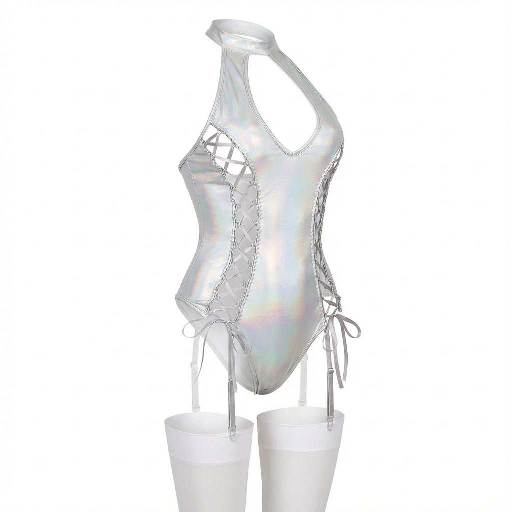 White Metallic Halter Bodysuit With Lace-Up Sides - Marelia
