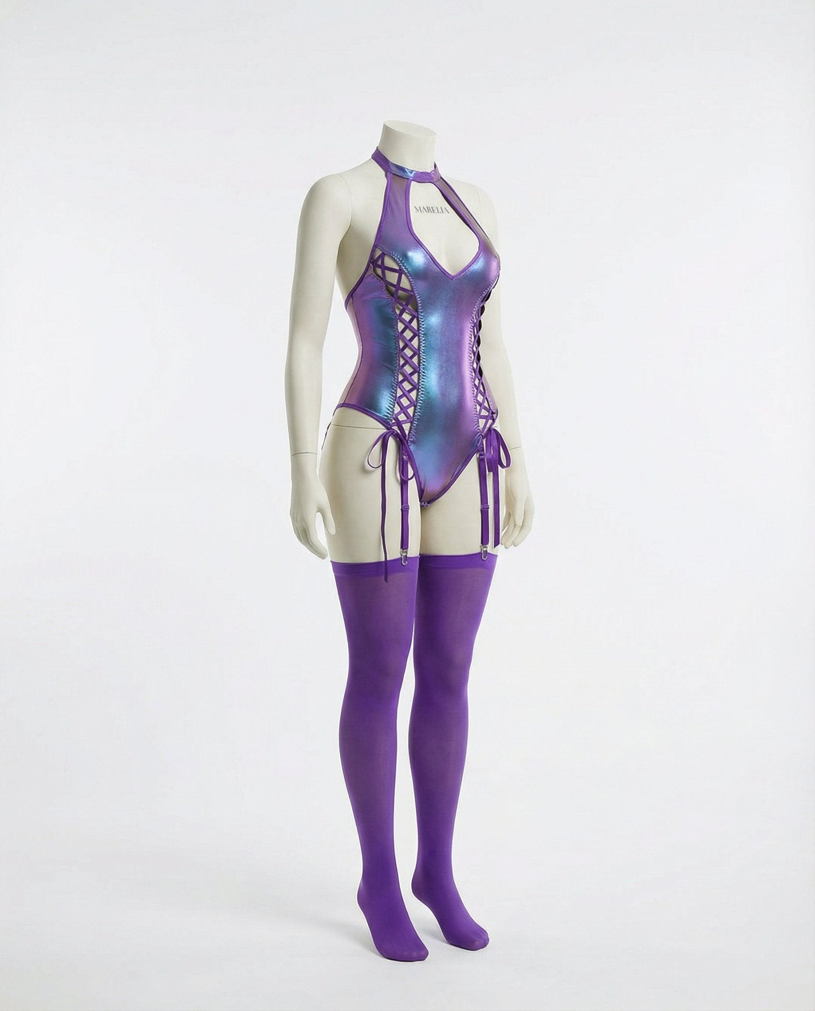 Purple Metallic Halter Bodysuit With Lace-Up Sides - Marelia