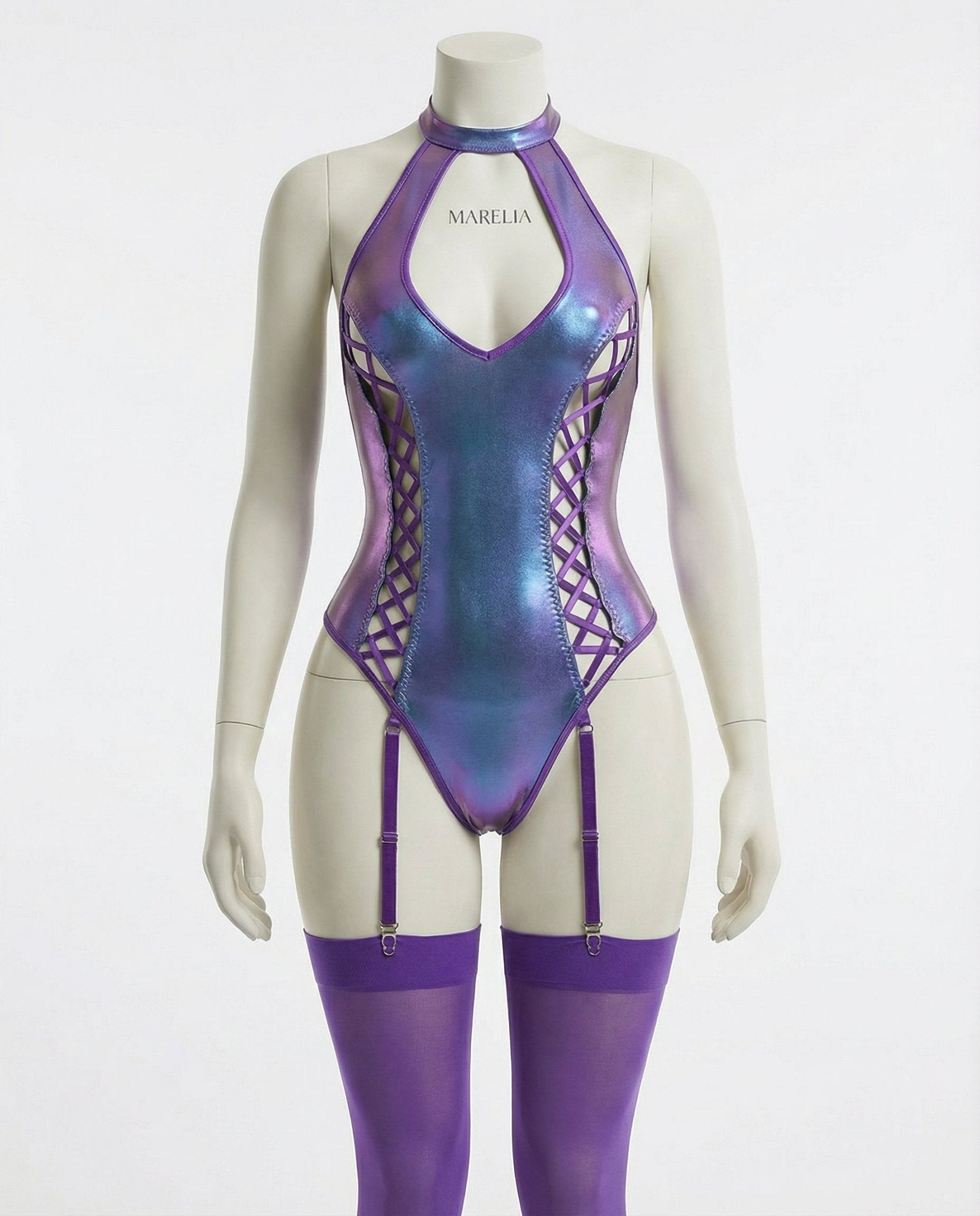 Purple Metallic Halter Bodysuit With Lace-Up Sides - Marelia