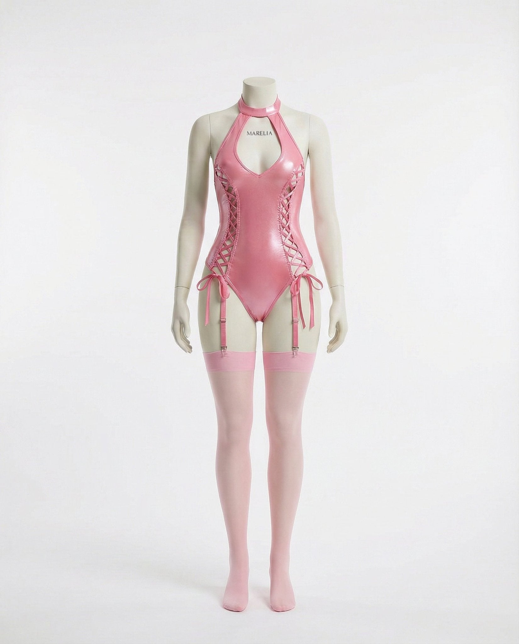 Pink Metallic Halter Bodysuit With Lace-Up Sides - Marelia