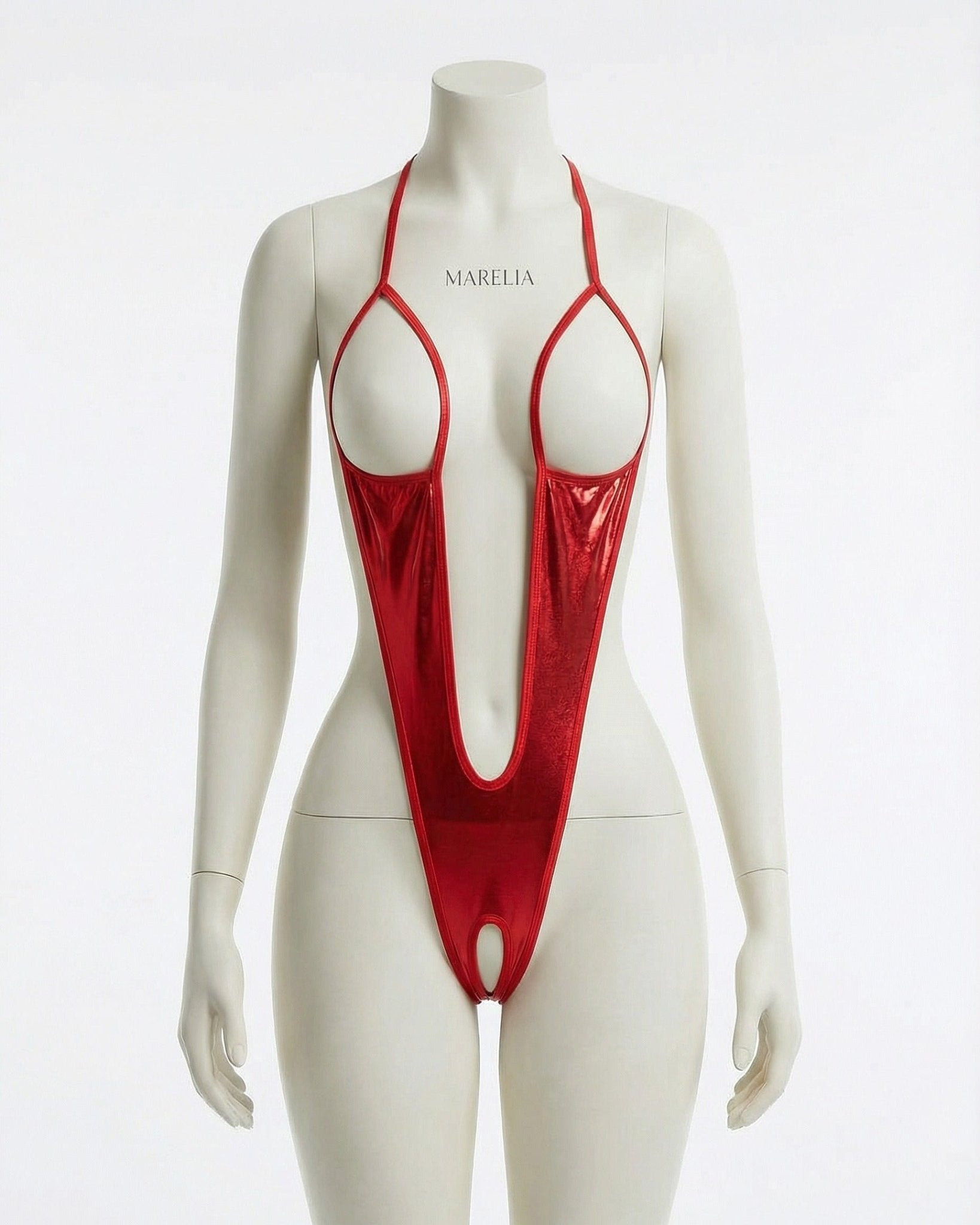 Red Metallic Open Cup Strappy Bodysuit - MARELIA
