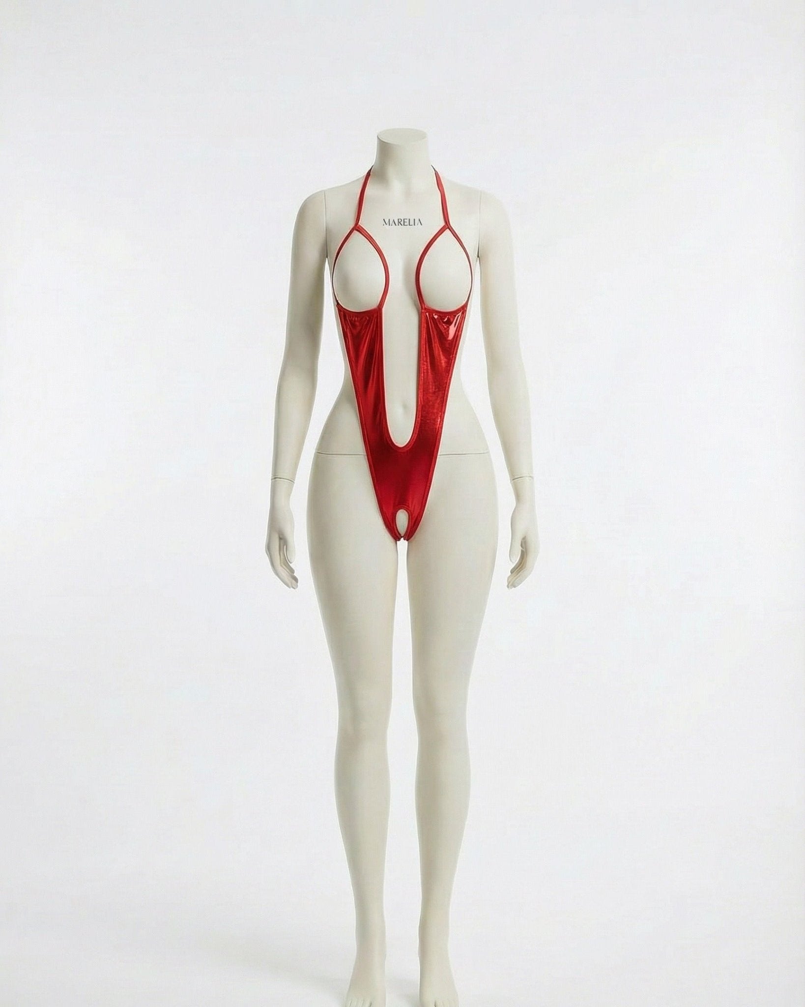 Red Metallic Open Cup Strappy Bodysuit - MARELIA