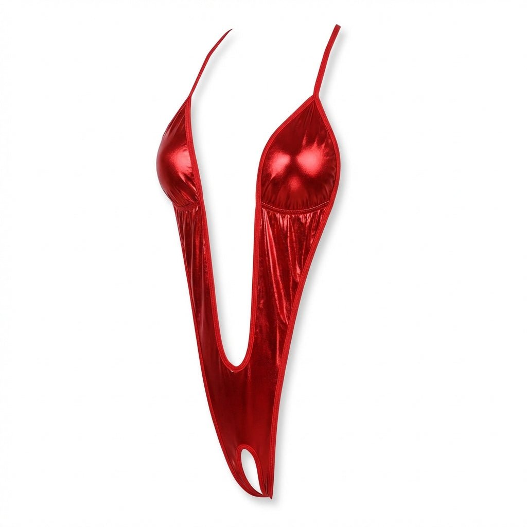 Red Metallic Open Cup Strappy Bodysuit - MARELIA