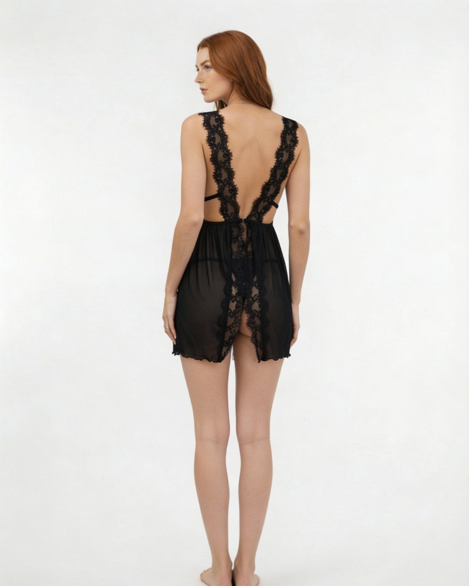 Black Open Back Lace Trim Babydoll With G-String - MARELIA