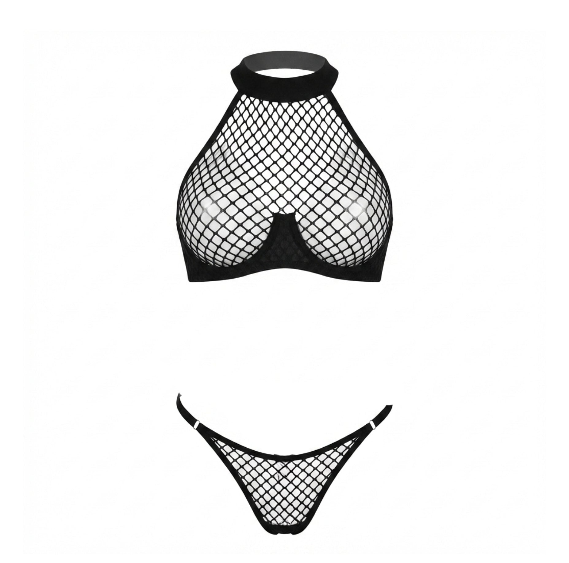 Black Open Cup Halter Fishnet Lingerie Set - MARELIA