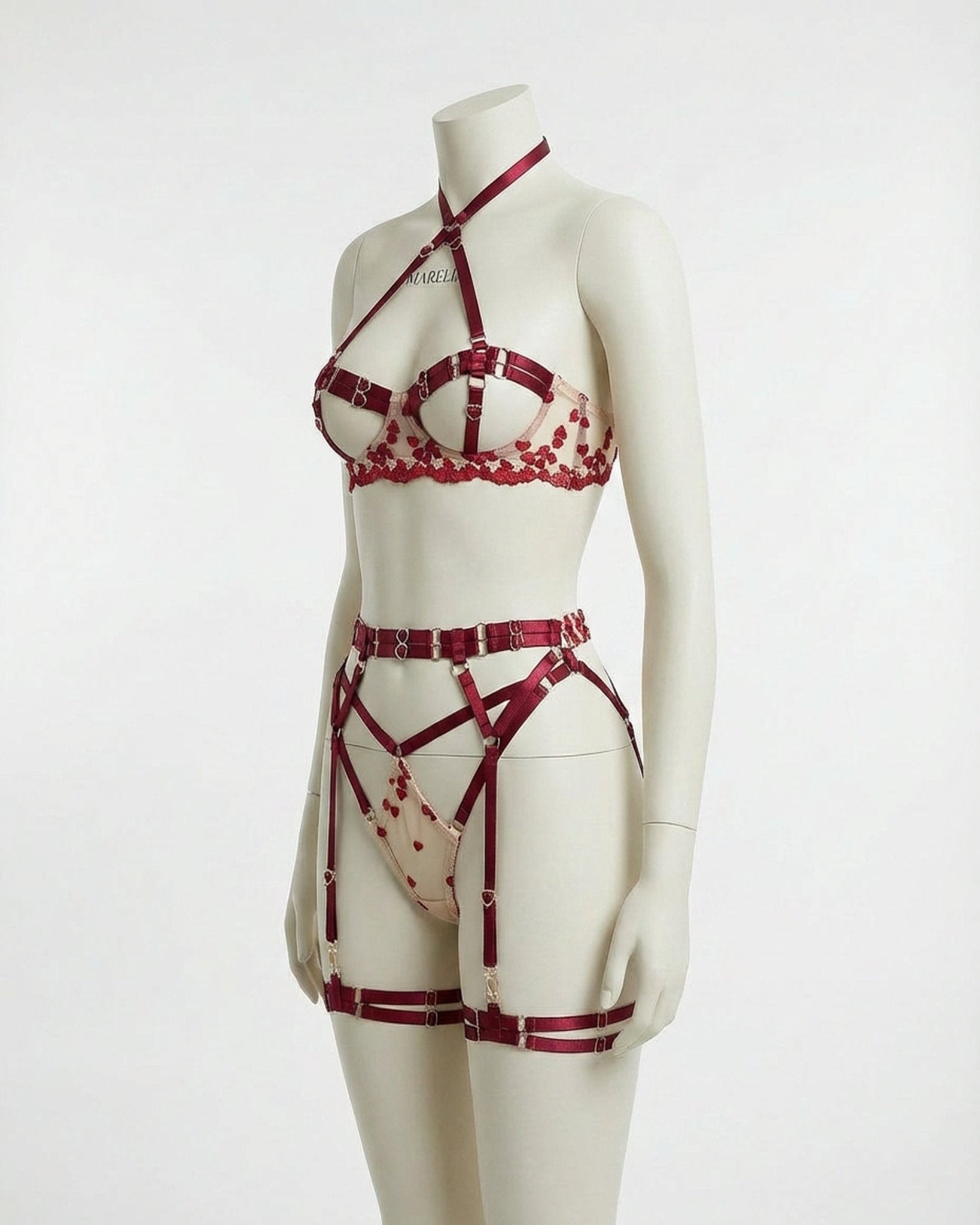 Burgundy Strappy Open Cup Harness Lingerie Set - MARELIA
