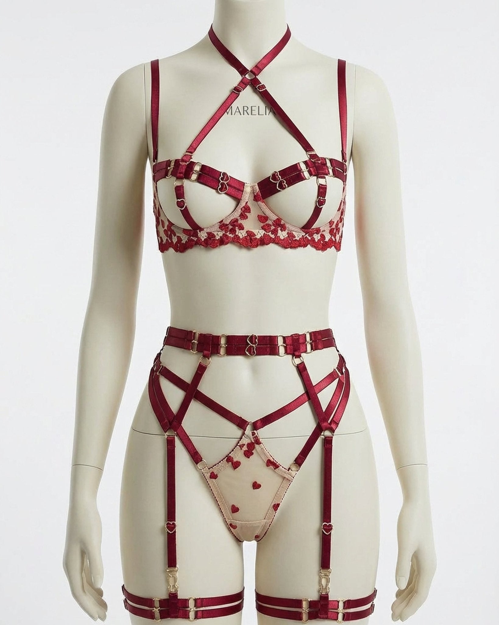Burgundy Strappy Open Cup Harness Lingerie Set - MARELIA