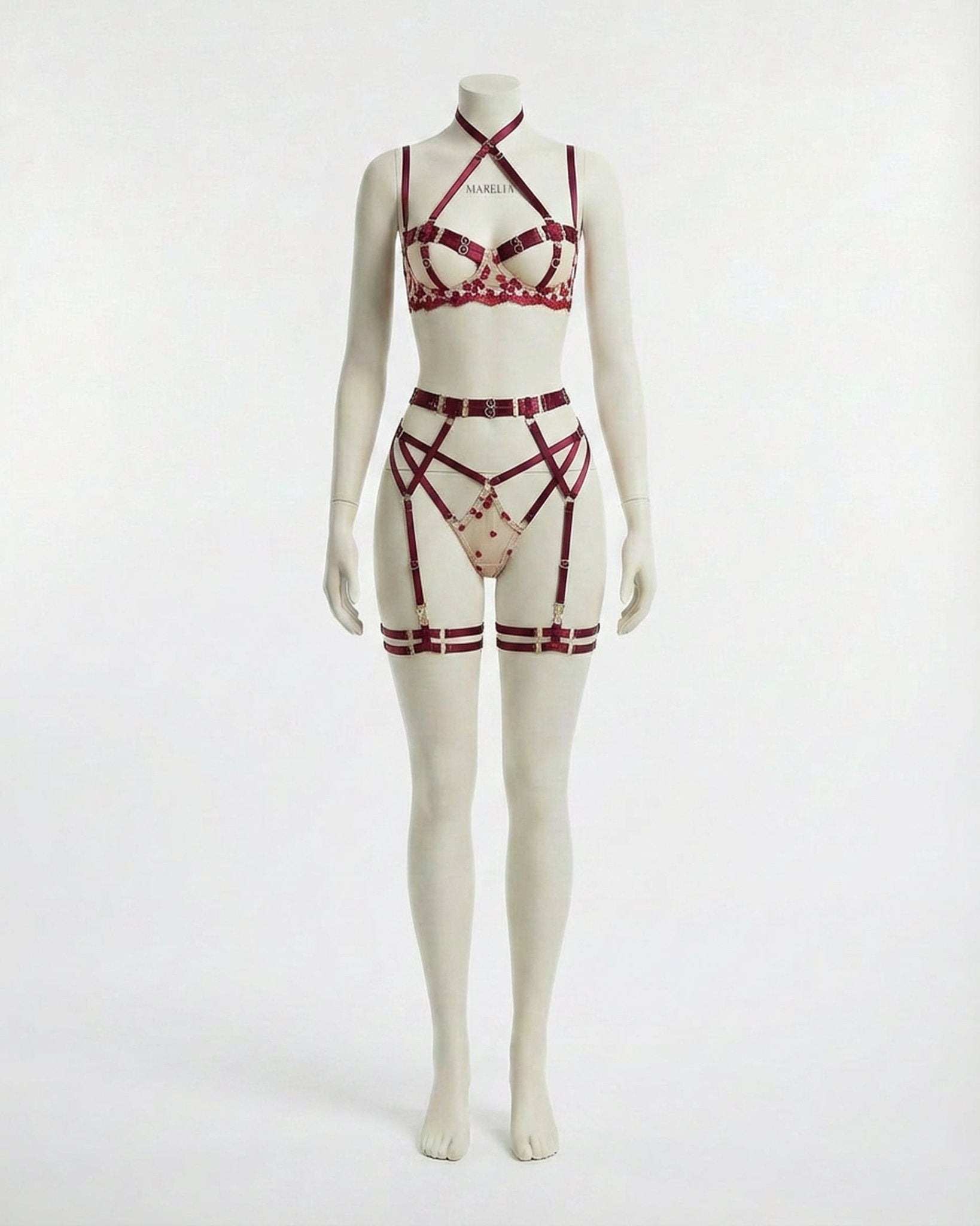 Burgundy Strappy Open Cup Harness Lingerie Set - MARELIA