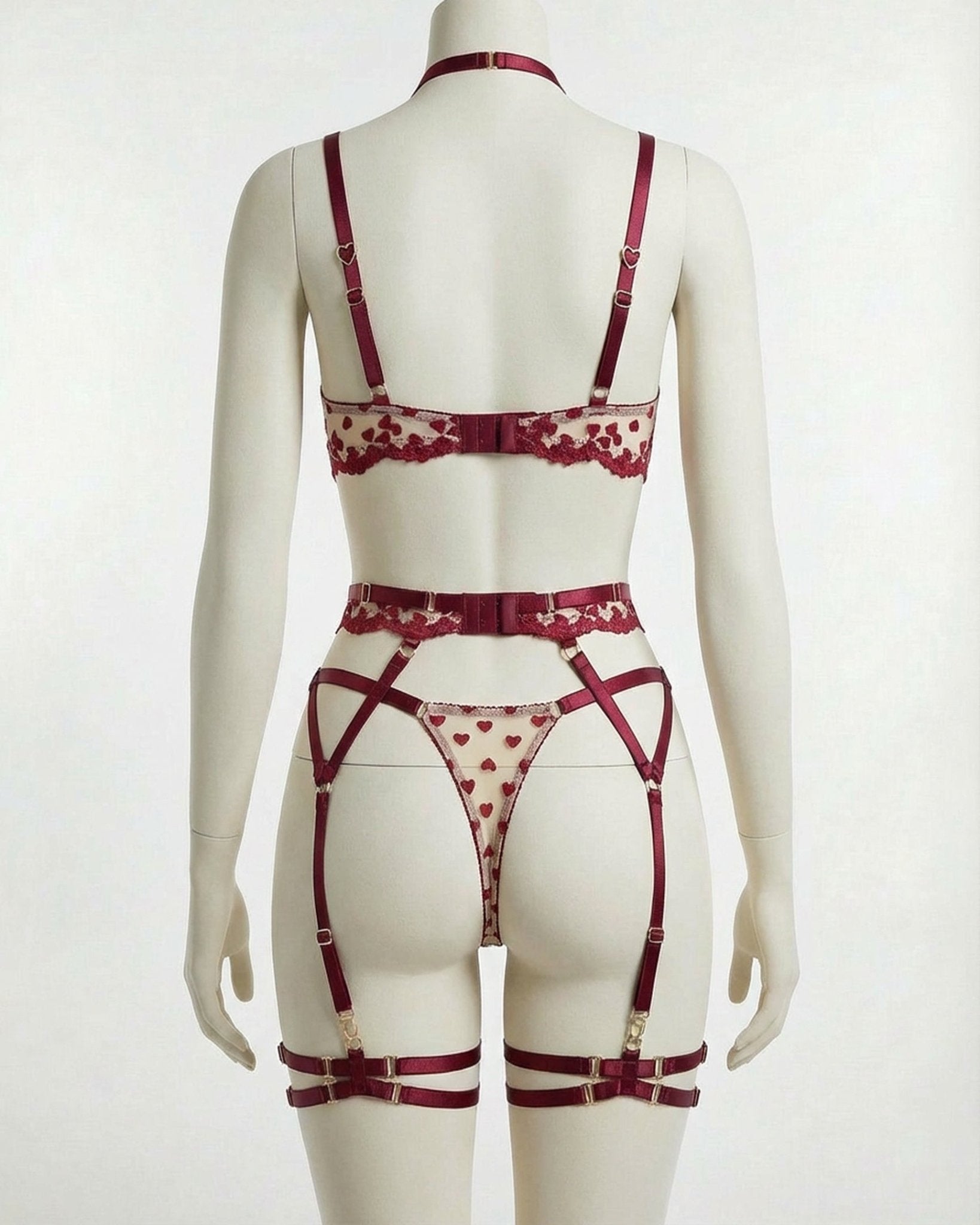 Burgundy Strappy Open Cup Harness Lingerie Set - MARELIA
