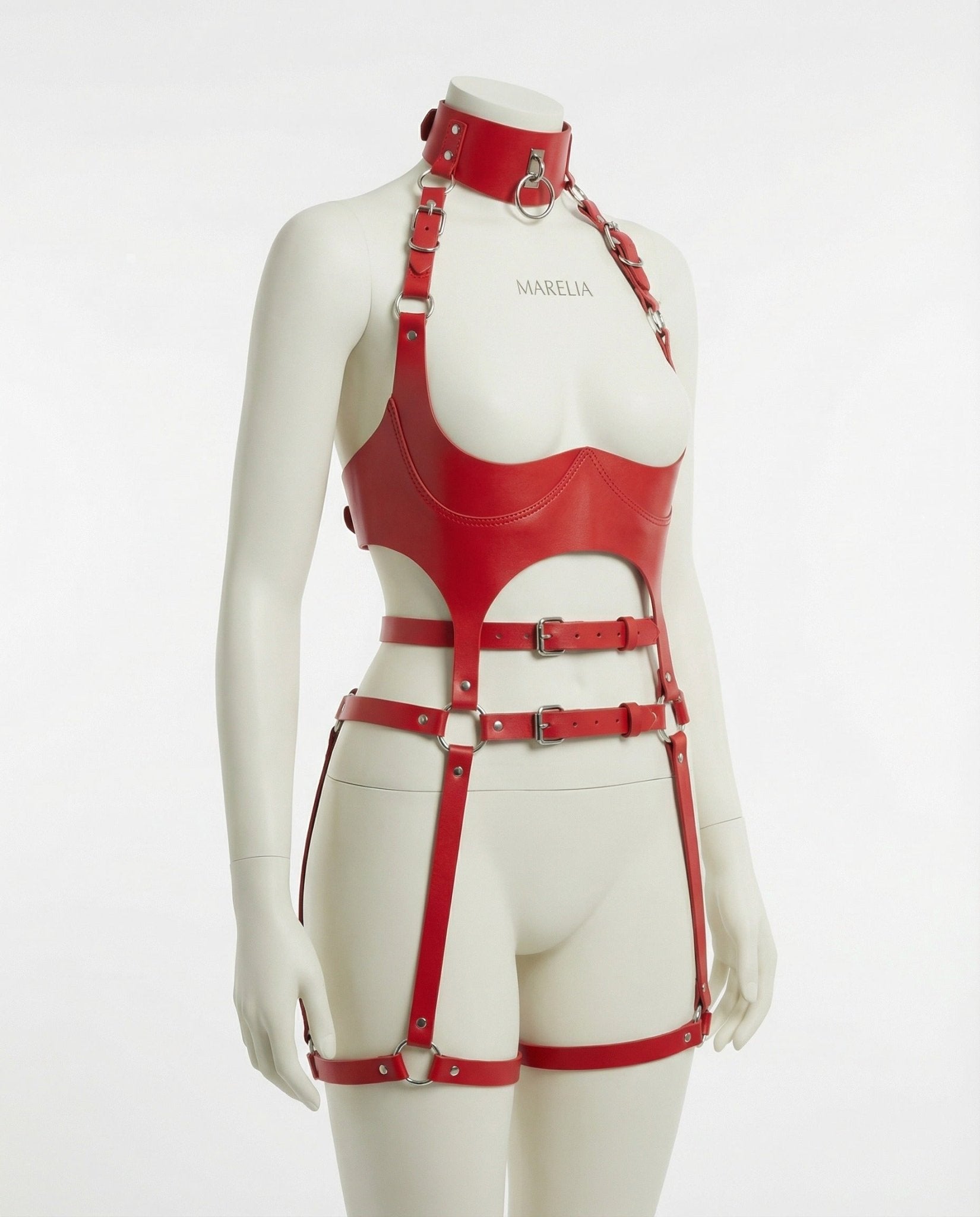 Red Open Cup PU Leather Body Harness - MARELIA