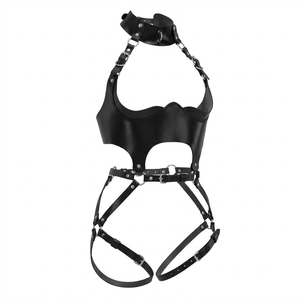 Black Open Cup PU Leather Body Harness - MARELIA