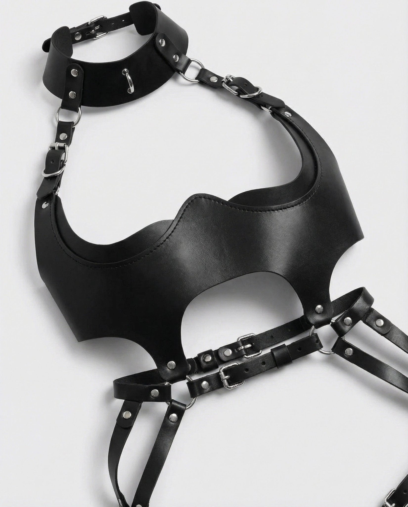 Black Open Cup PU Leather Body Harness - MARELIA