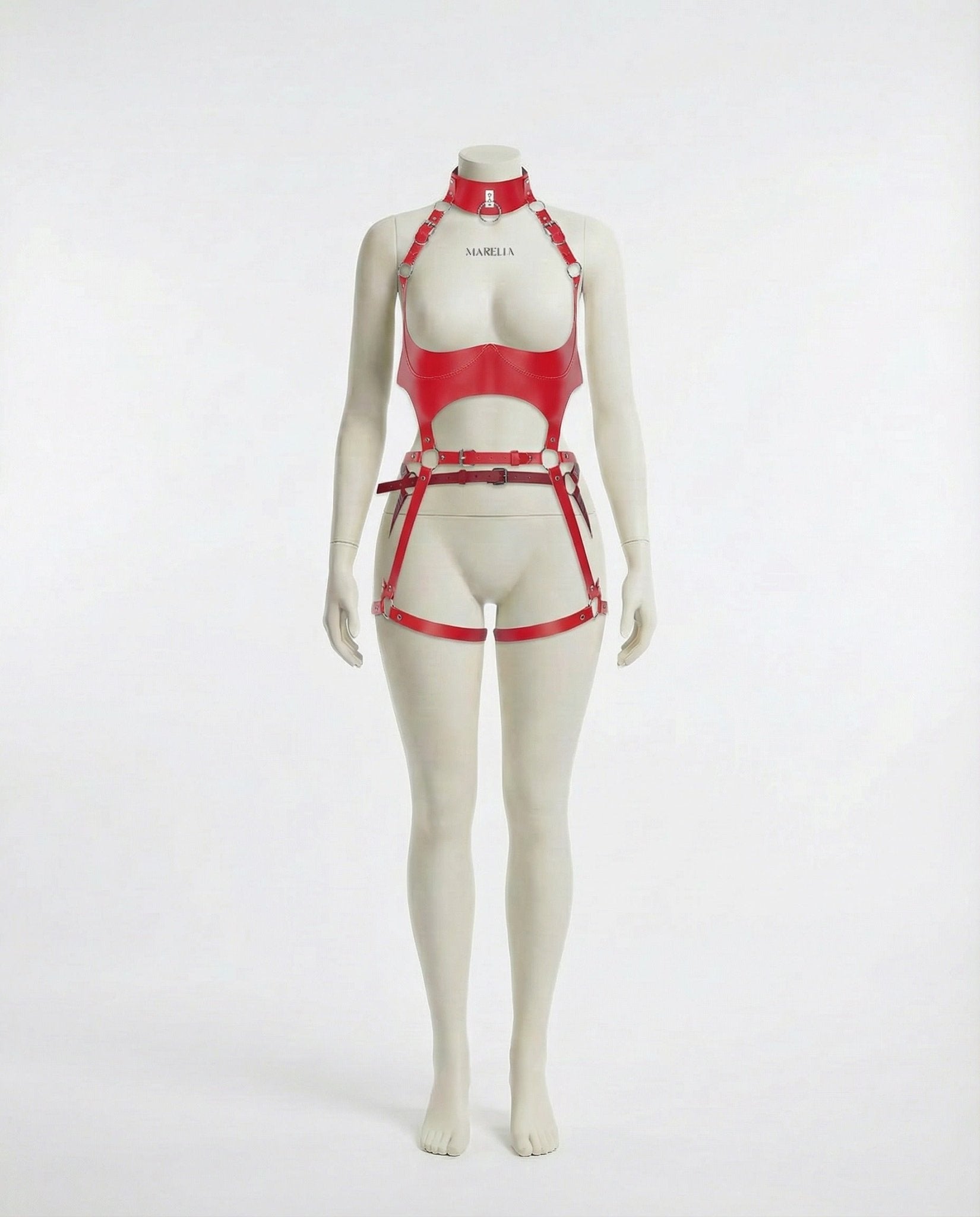 Red Open Cup PU Leather Body Harness - MARELIA
