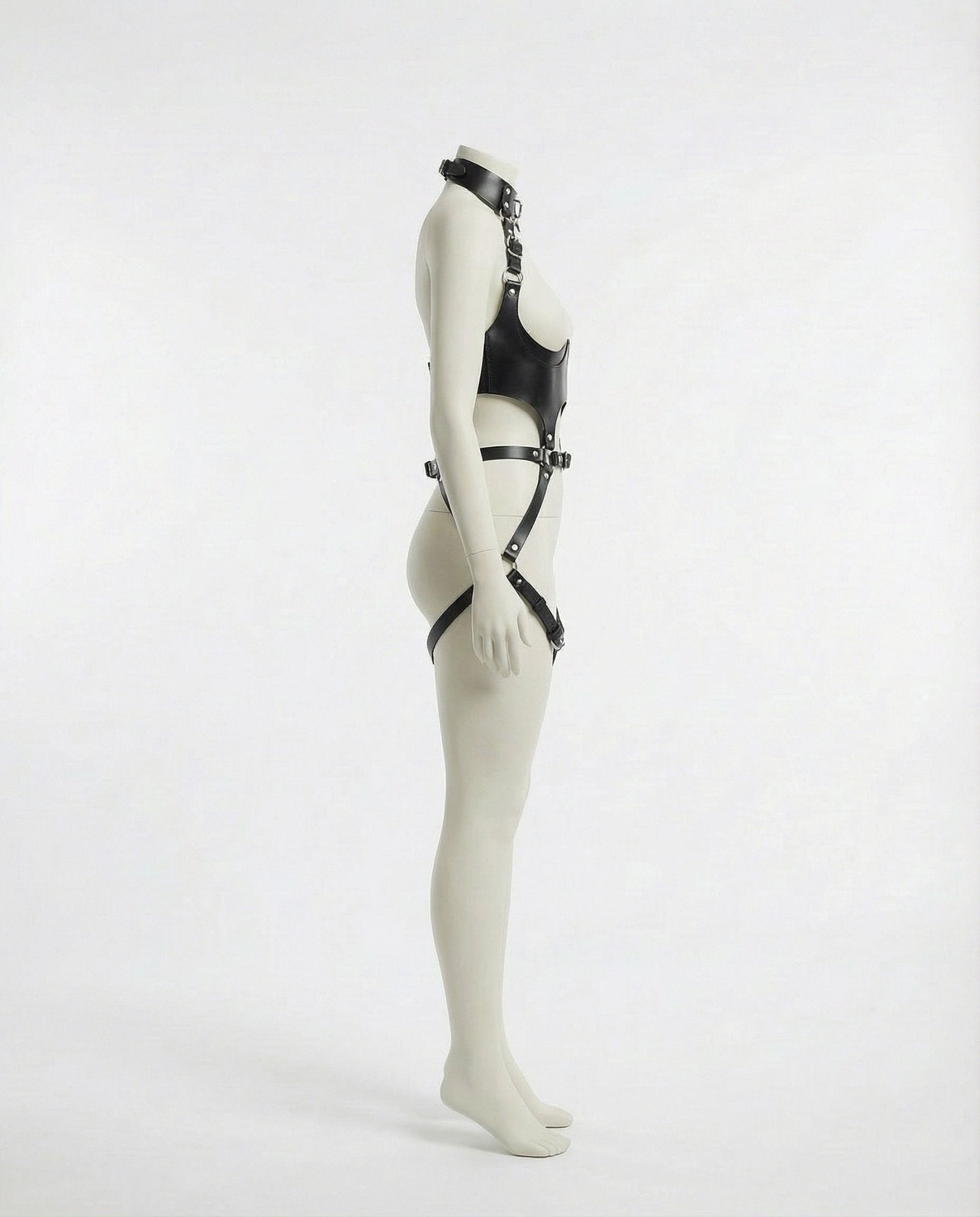 Black Open Cup PU Leather Body Harness - MARELIA