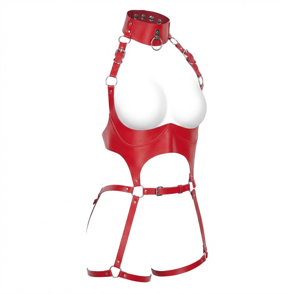Red Open Cup PU Leather Body Harness - MARELIA