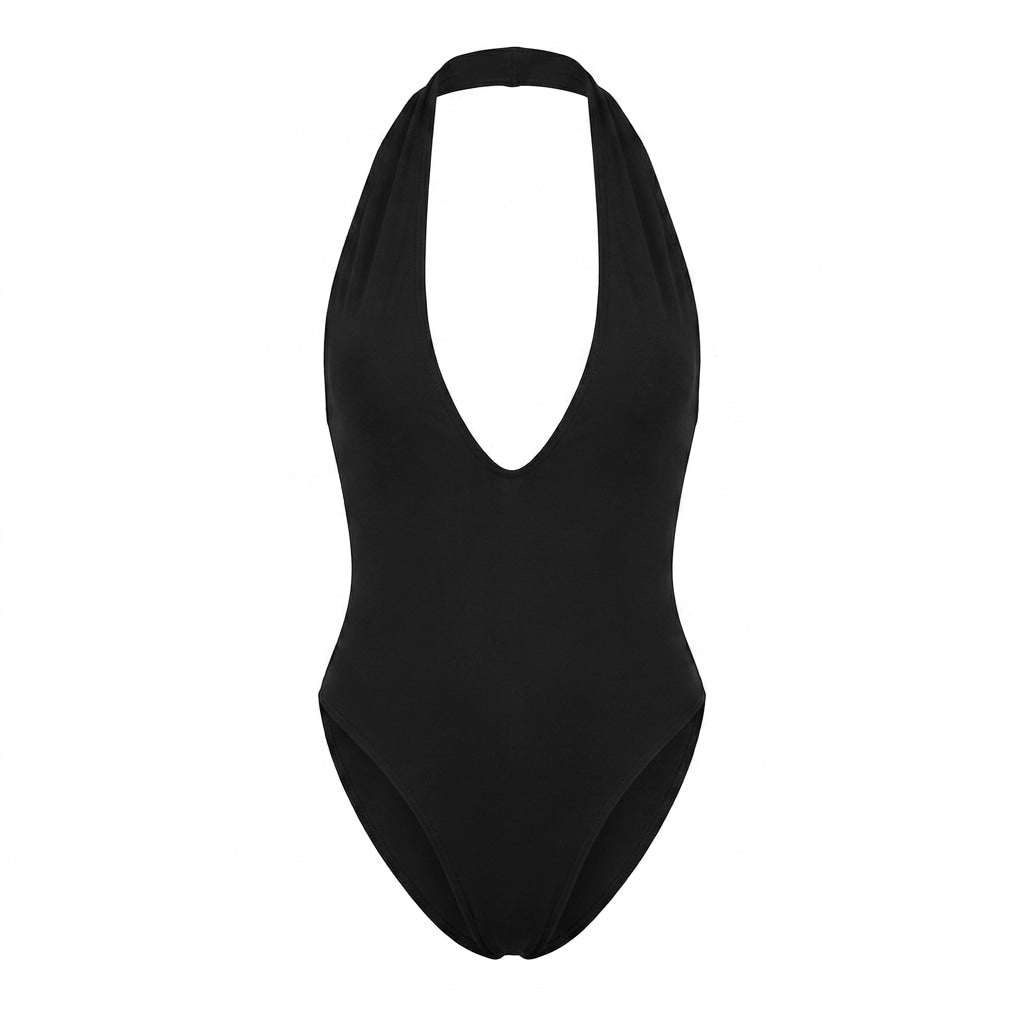 Black Plunge Halter Neck Thong Bodysuit - MARELIA