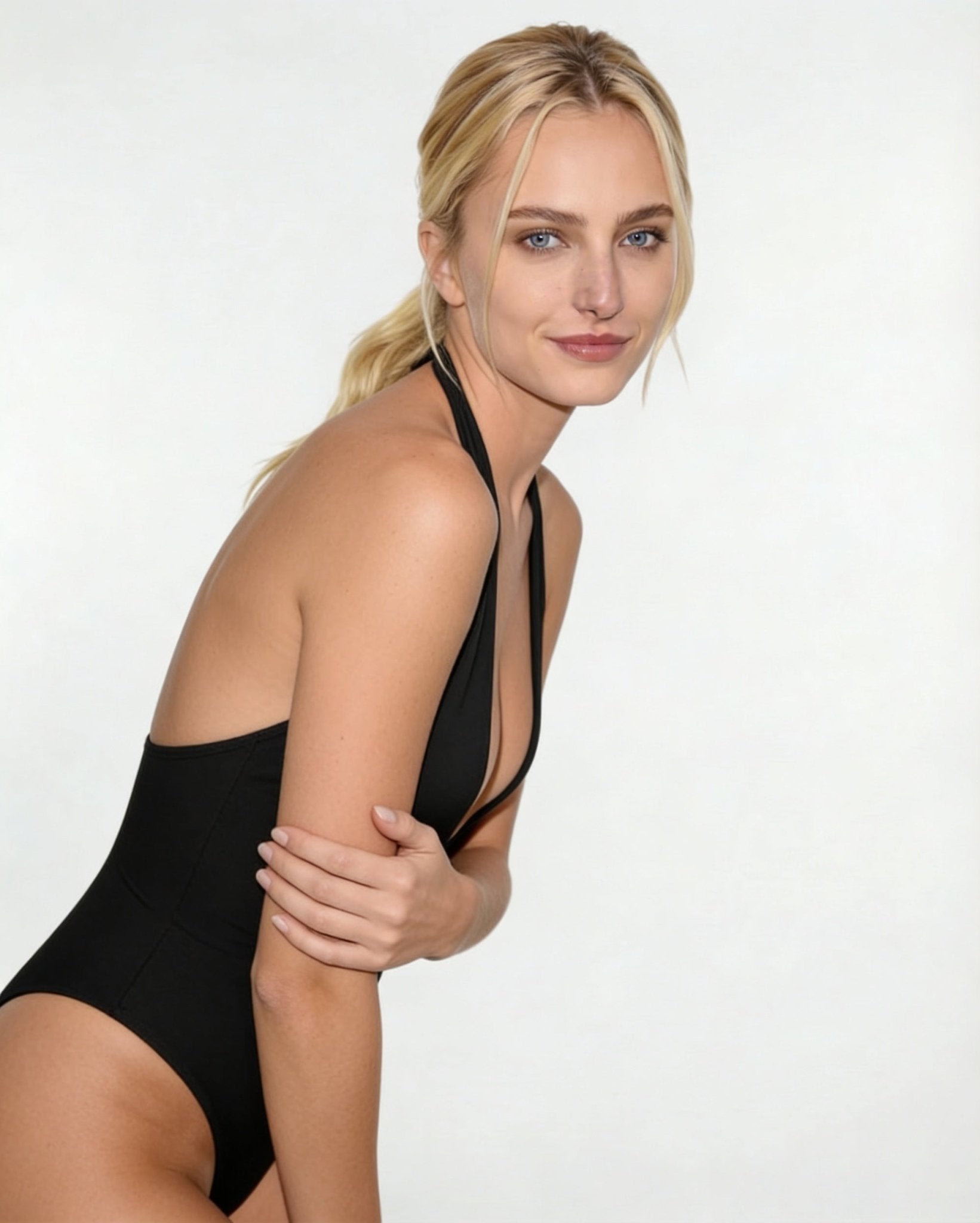 Black Plunge Halter Neck Thong Bodysuit - MARELIA