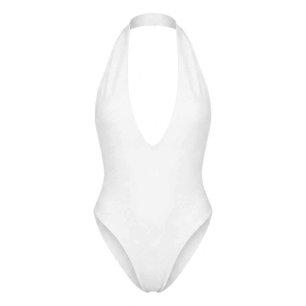 White Plunge Halter Neck Thong Bodysuit - MARELIA