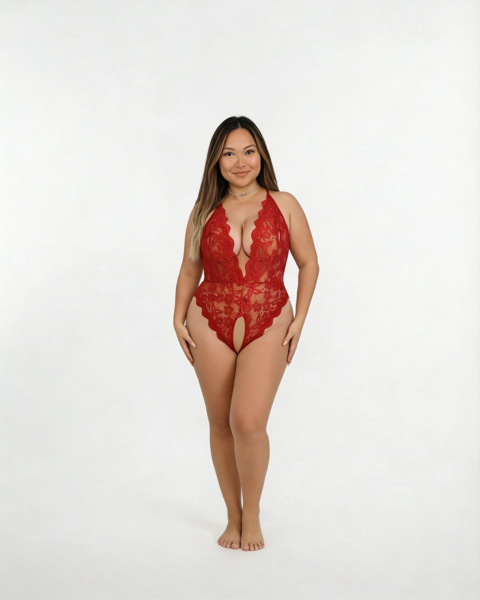 Red Plus Size Deep V Lace Crotchless Bodysuit - MARELIA