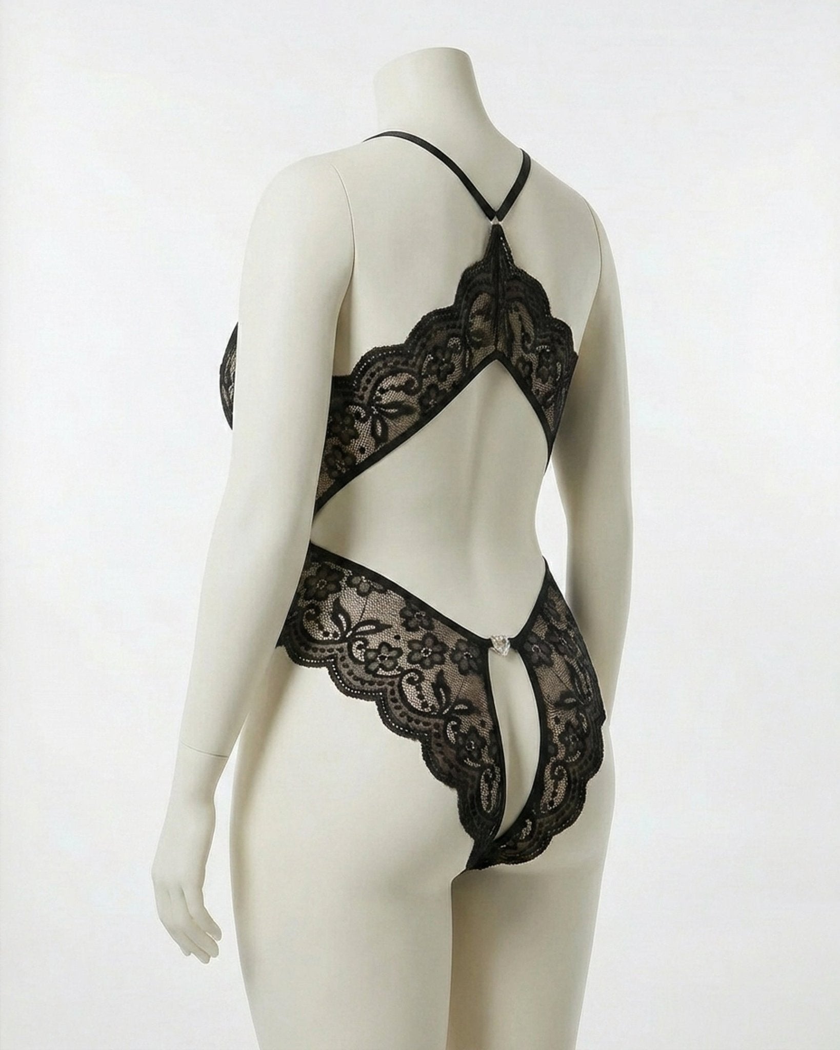 Black Plus Size Deep V Lace Crotchless Bodysuit - MARELIA