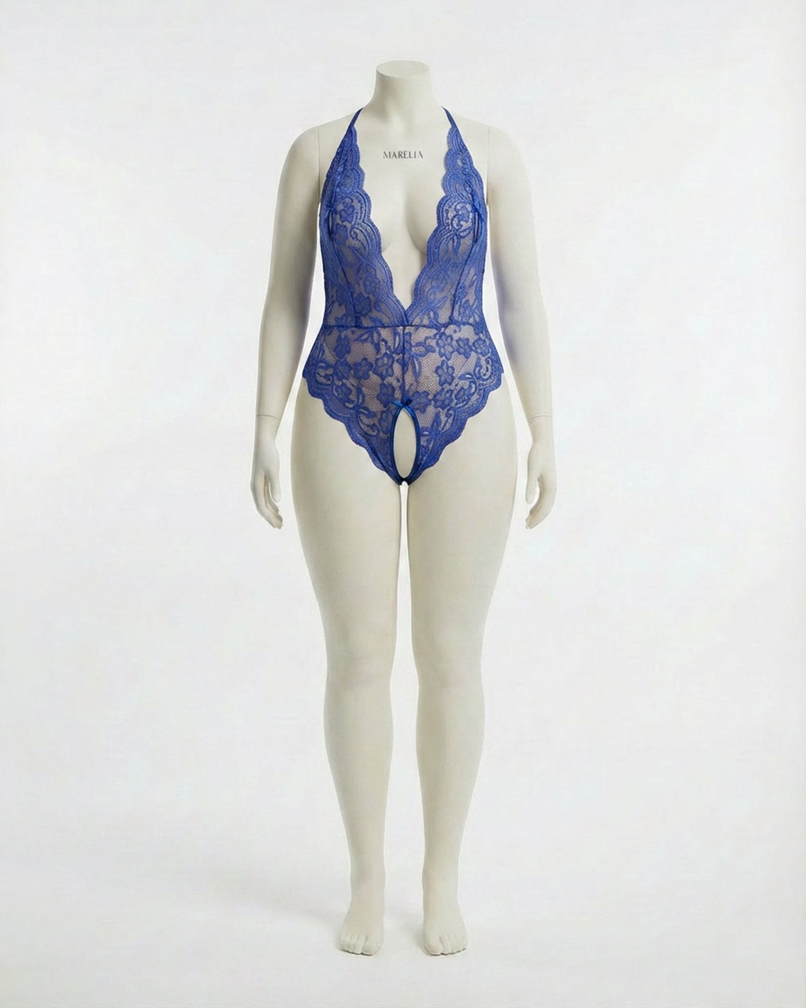 Blue Plus Size Deep V Lace Crotchless Bodysuit - MARELIA