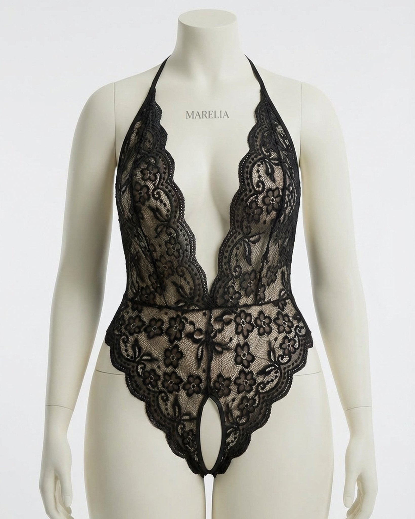 Black Plus Size Deep V Lace Crotchless Bodysuit - MARELIA
