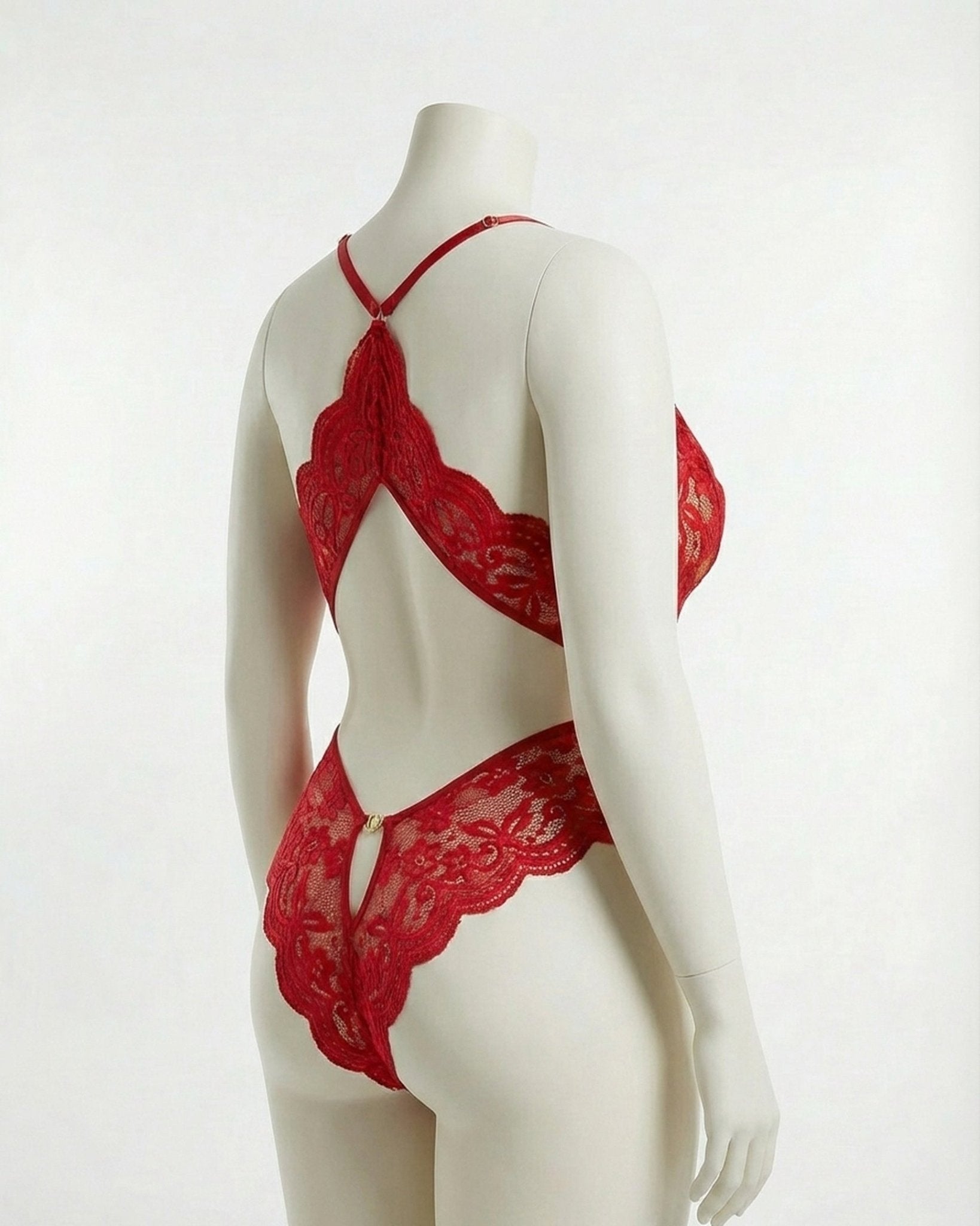 Red Plus Size Deep V Lace Crotchless Bodysuit - MARELIA
