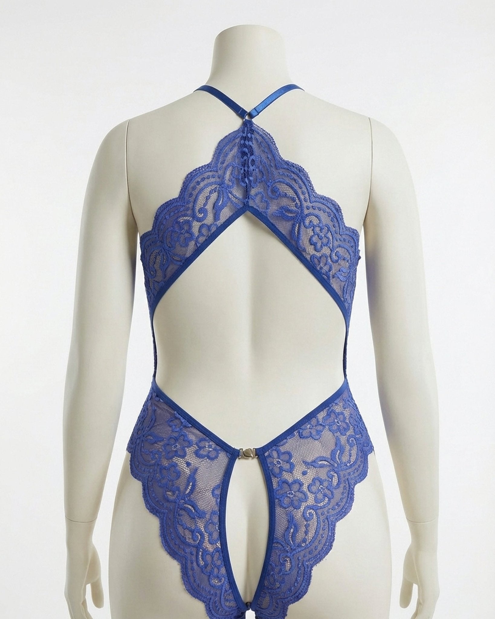 Blue Plus Size Deep V Lace Crotchless Bodysuit - MARELIA